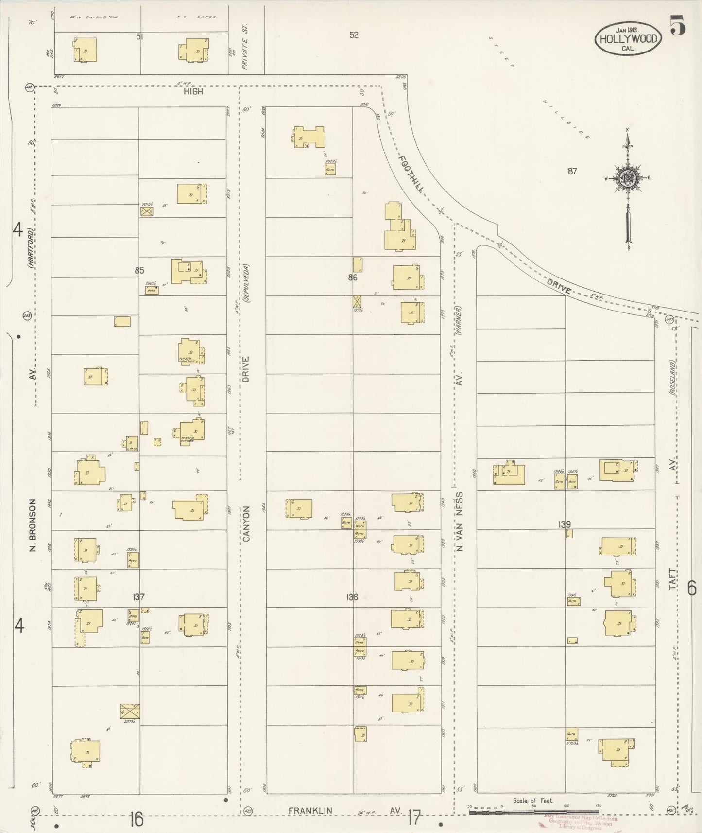 Sanborn Fire Insurance Map from Hollywood, Los Angeles County, California (1913), Sheet #0005 - Historic Sanborn Fire Insurance Map Print, vintage old map wall art, antique decor, genealogy gift, California California map