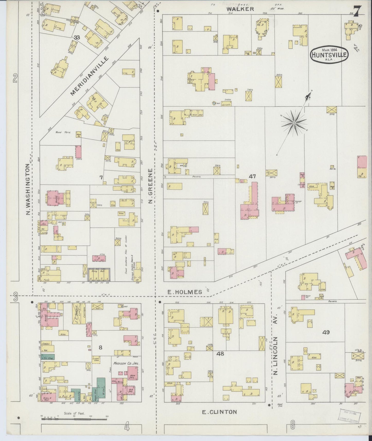Sanborn Fire Insurance Map from Huntsville, Madison County, Alabama (1894), Sheet #0007 - Historic Sanborn Fire Insurance Map Print, vintage old map wall art, antique decor, genealogy gift, Alabama Alabama map