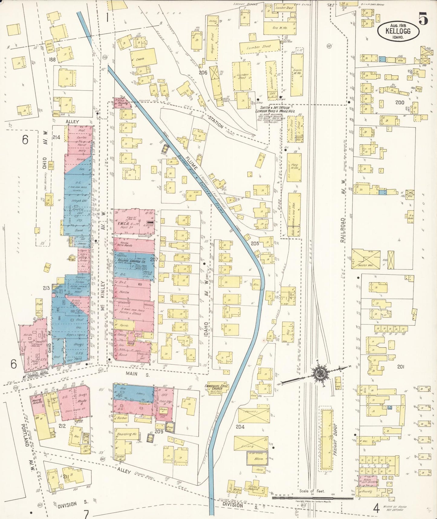 Sanborn Fire Insurance Map from Kellogg, Shoshone County, Idaho (1918), Sheet #0005 - Historic Sanborn Fire Insurance Map Print, vintage old map wall art, antique decor, genealogy gift, Idaho Idaho map