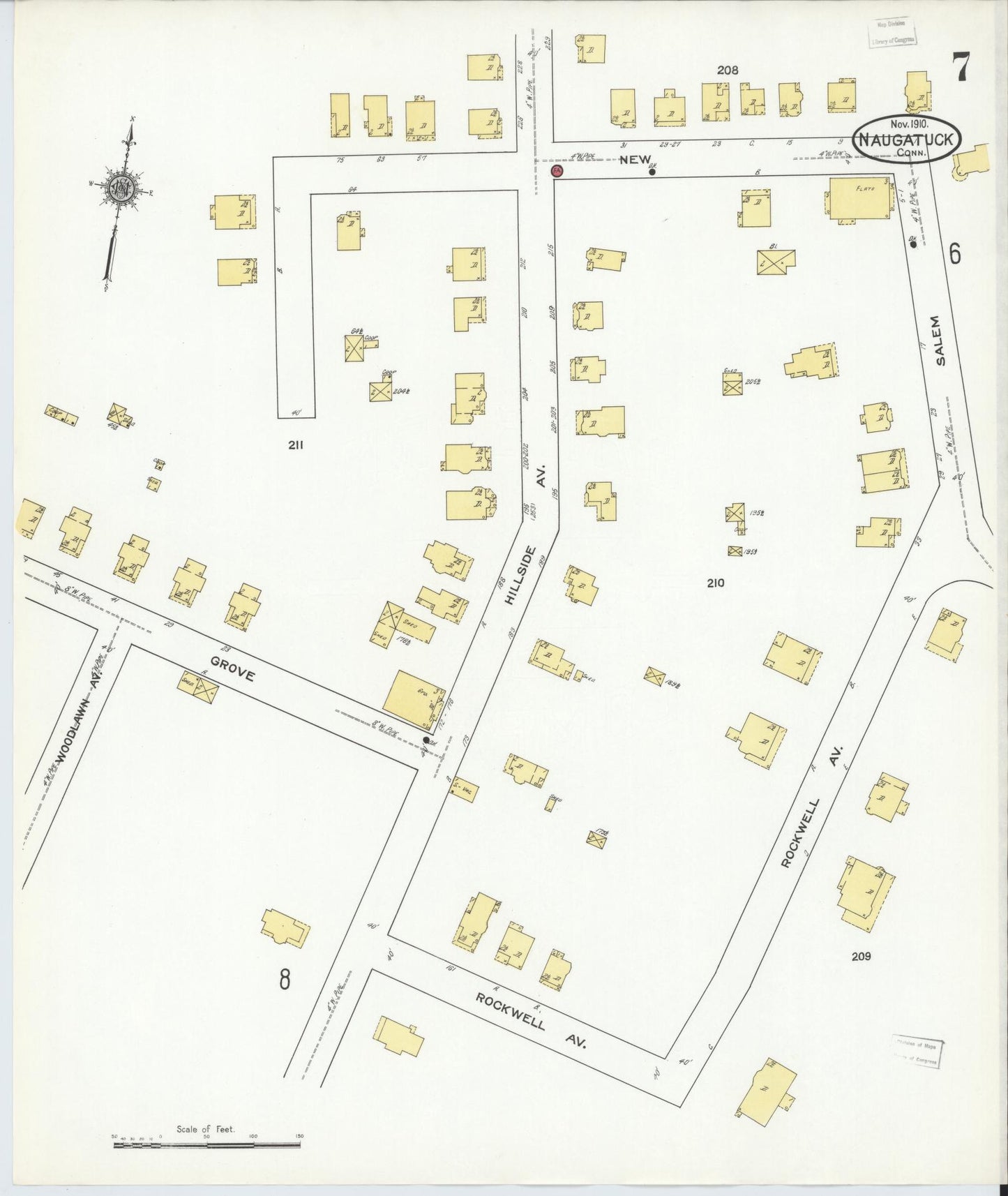 Sanborn Fire Insurance Map from Naugatuck, New Haven County, Connecticut (1910), Sheet #0007 - Historic Sanborn Fire Insurance Map Print, vintage old map wall art, antique decor, genealogy gift, Connecticut Connecticut map