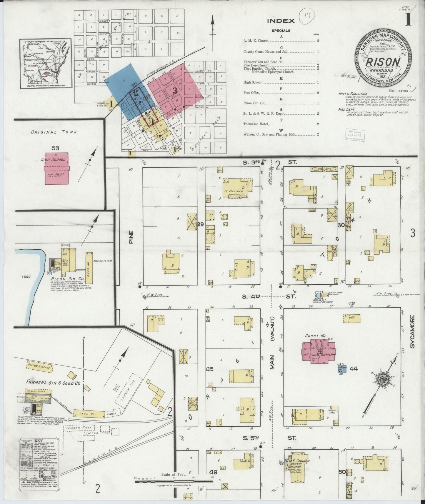 Sanborn Fire Insurance Map from Rison, Cleveland County, Arkansas (1921), Sheet #0001 - Historic Sanborn Fire Insurance Map Print, vintage old map wall art, antique decor, genealogy gift, Arkansas Arkansas map