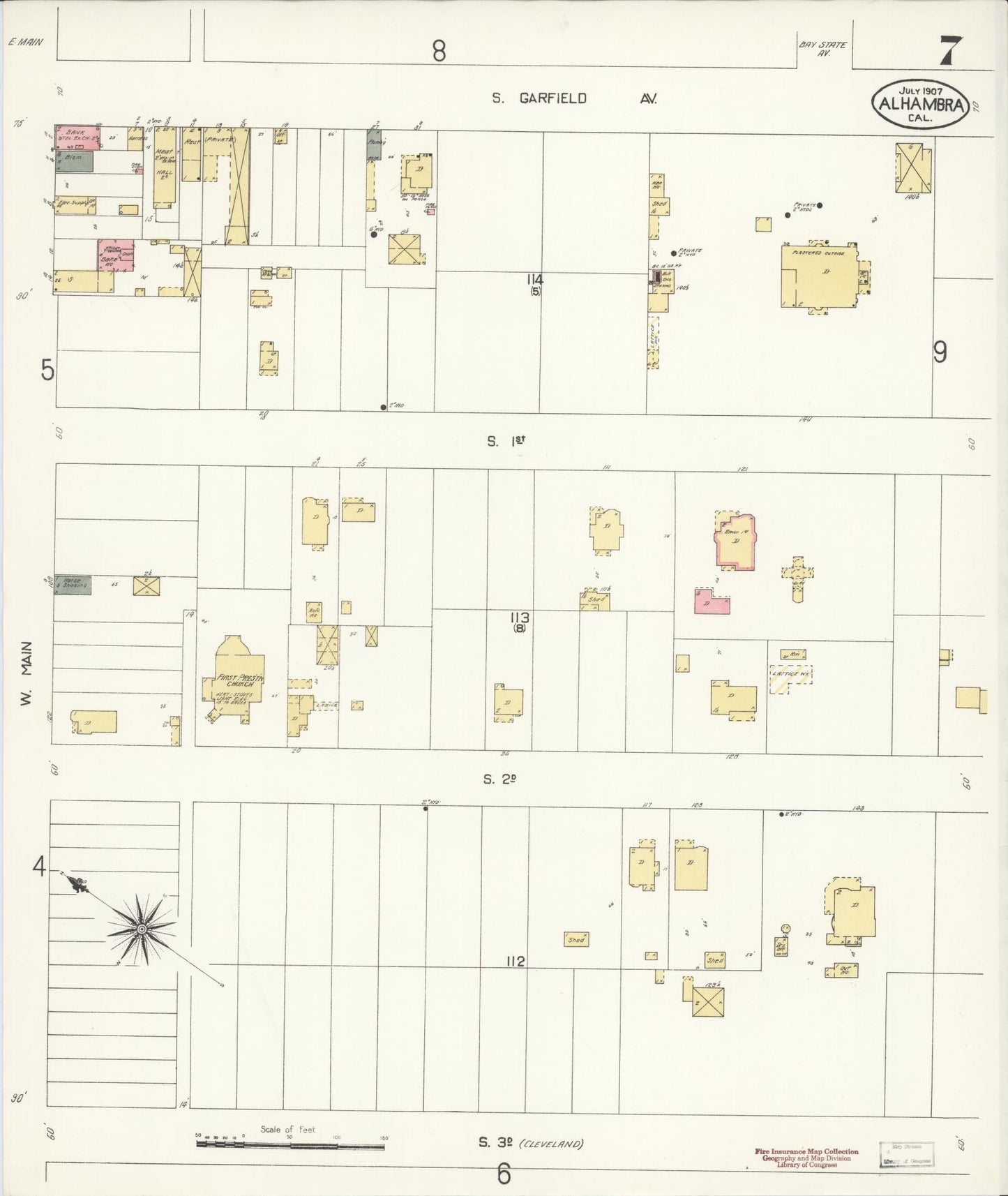 Sanborn Fire Insurance Map from Alhambra, Los Angeles County, California (1907), Sheet #0007 - Historic Sanborn Fire Insurance Map Print, vintage old map wall art, antique decor, genealogy gift, California California map