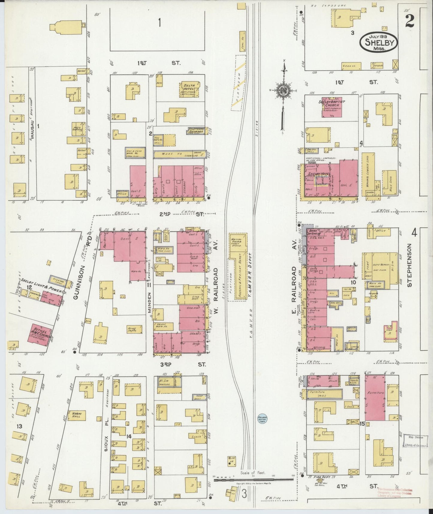 Sanborn Fire Insurance Map from Shelby, Bolivar County, Mississippi (1919), Sheet #0002 - Historic Sanborn Fire Insurance Map Print, vintage old map wall art, antique decor, genealogy gift, Mississippi Mississippi map