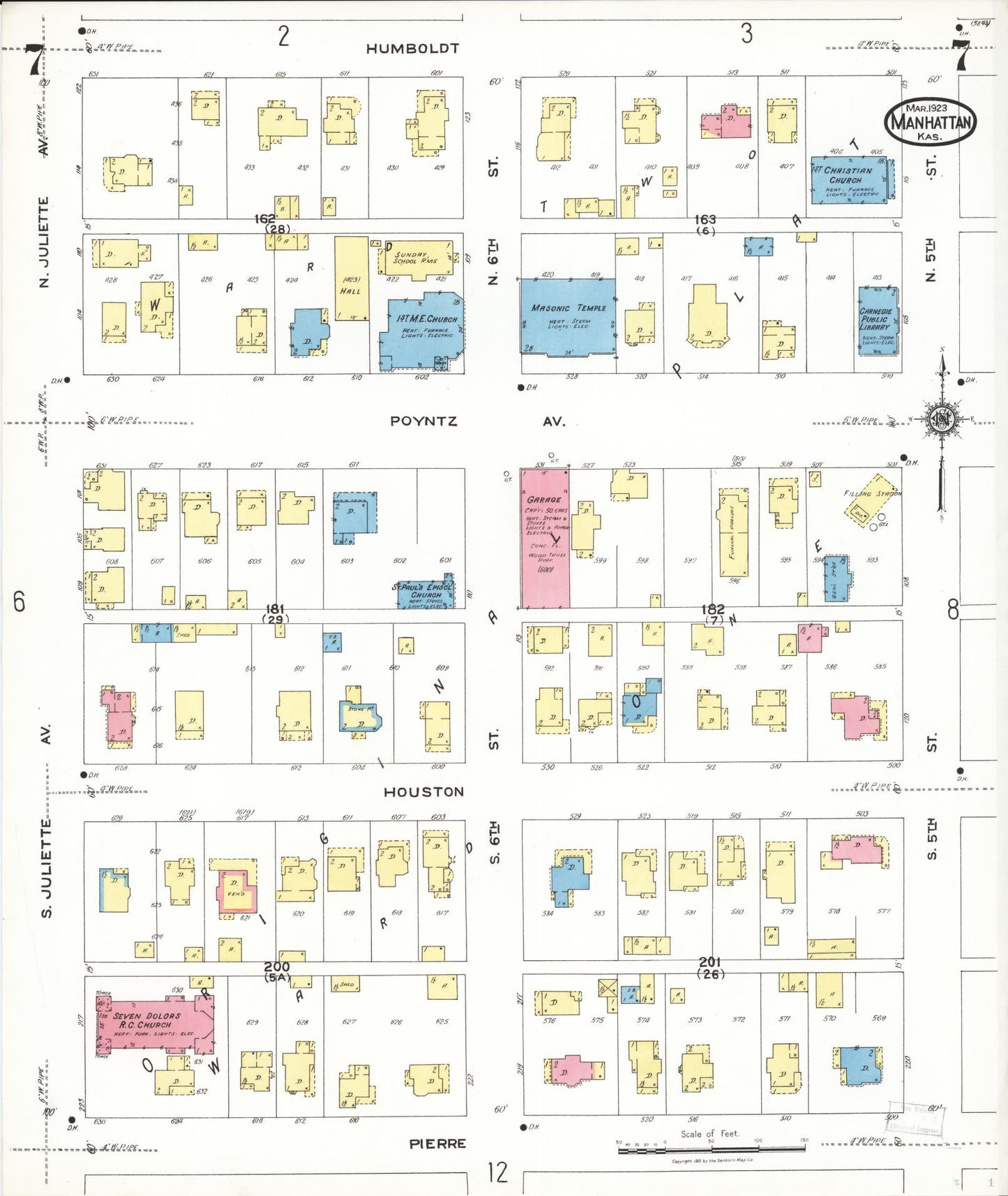 Sanborn Fire Insurance Map from Manhattan, Riley County, Kansas (1923), Sheet #0007 - Historic Sanborn Fire Insurance Map Print, vintage old map wall art, antique decor, genealogy gift, Kansas Kansas map