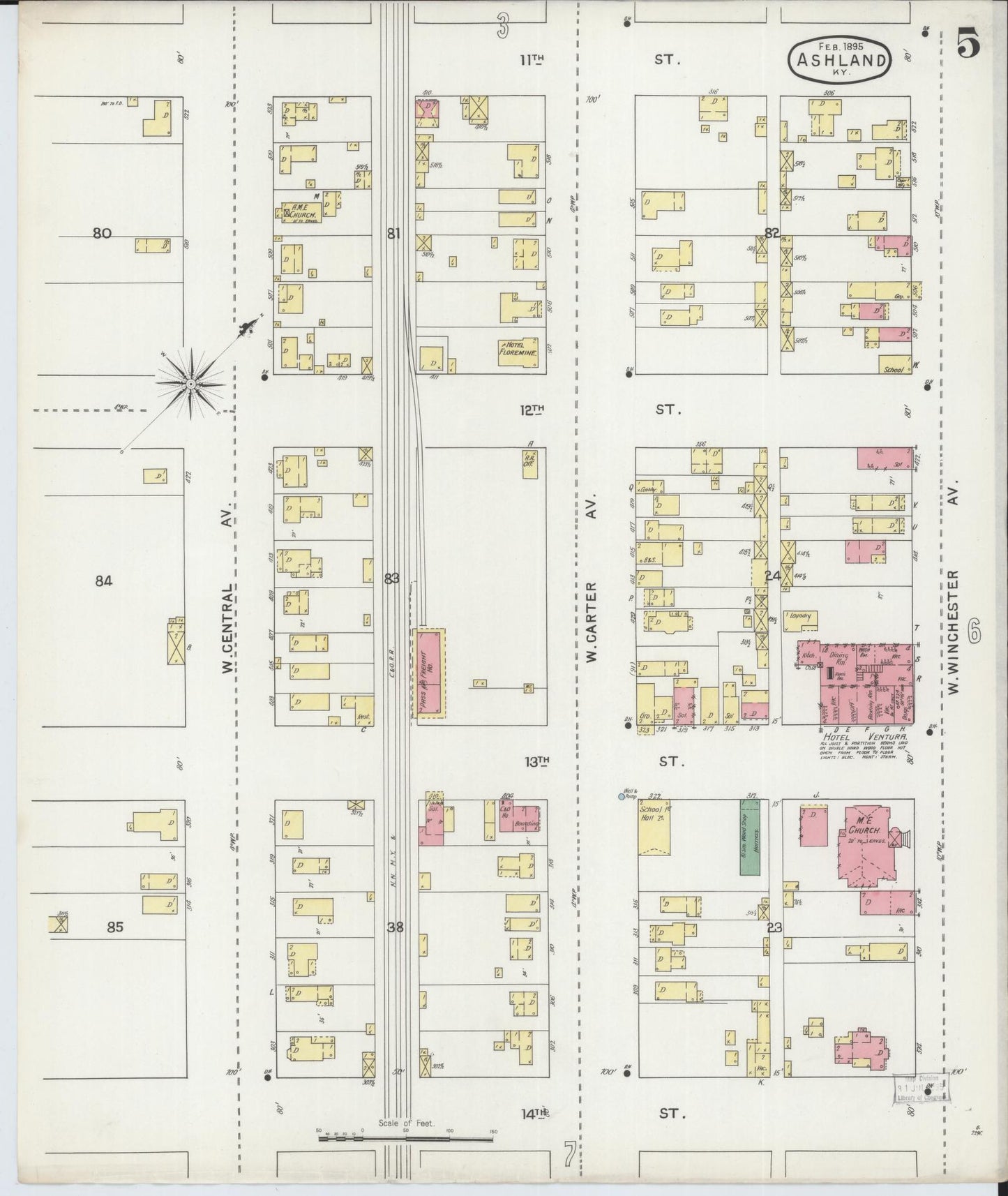 Sanborn Fire Insurance Map from Ashland, Boyd County, Kentucky (1895), Sheet #0005 - Historic Sanborn Fire Insurance Map Print, vintage old map wall art, antique decor, genealogy gift, Kentucky Kentucky map