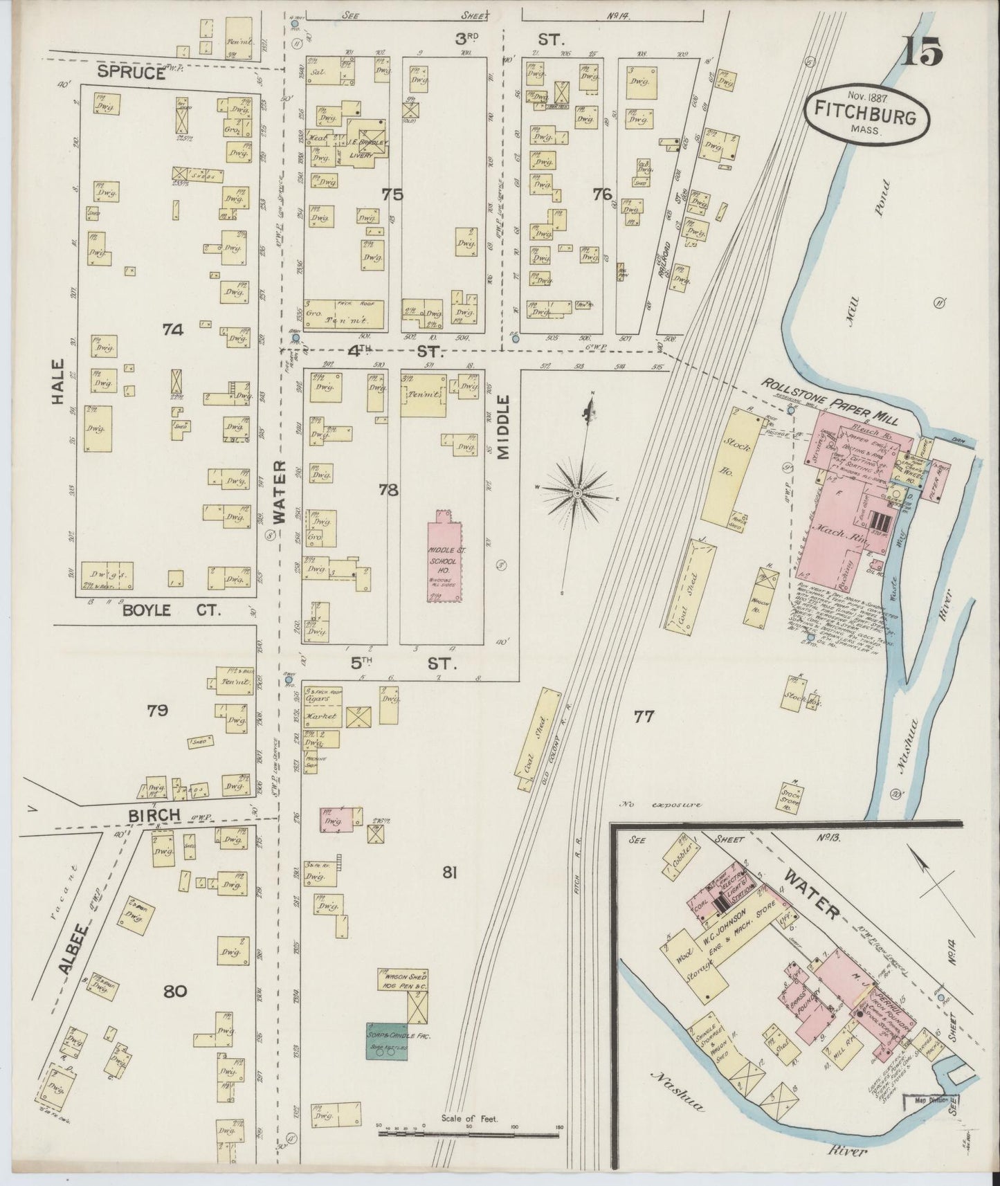 Sanborn Fire Insurance Map from Fitchburg, Worcester County, Massachusetts (1887), Sheet #0015 - Historic Sanborn Fire Insurance Map Print, vintage old map wall art, antique decor, genealogy gift, Massachusetts Massachusetts map