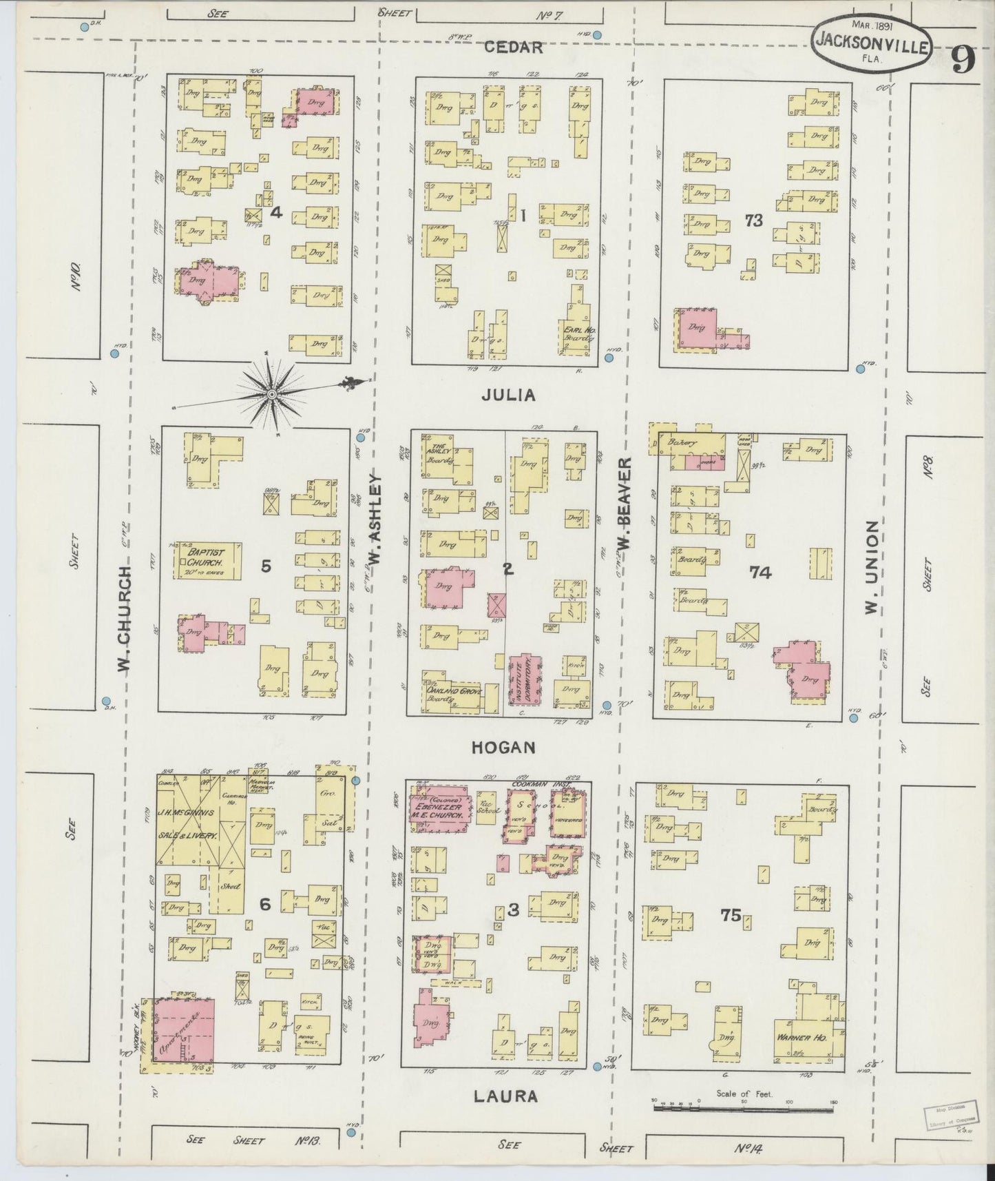 Sanborn Fire Insurance Map from Jacksonville, Duval County, Florida (1891), Sheet #0009 - Historic Sanborn Fire Insurance Map Print, vintage old map wall art, antique decor, genealogy gift, Florida Florida map