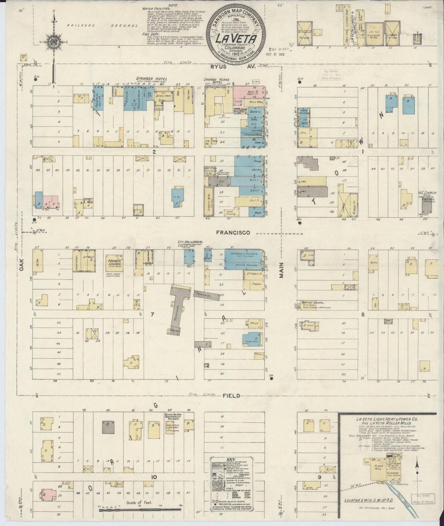 Sanborn Fire Insurance Map from La Veta, Huerfano County, Colorado (1912), Sheet #0001 - Historic Sanborn Fire Insurance Map Print, vintage old map wall art, antique decor, genealogy gift, Colorado Colorado map