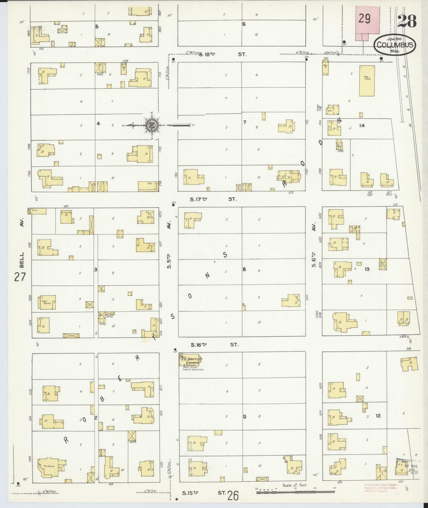 Sanborn Fire Insurance Map from Columbus, Lowndes County, Mississippi (1910), Sheet #0028 - Historic Sanborn Fire Insurance Map Print, vintage old map wall art, antique decor, genealogy gift, Mississippi Mississippi map