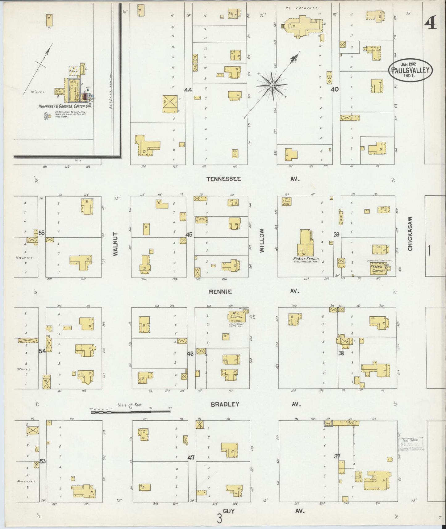 Sanborn Fire Insurance Map from Pauls Valley, Garvin County, Oklahoma (1902), Sheet #0004 - Complete Map Set gallery image, historic Sanborn map, vintage wall art, Oklahoma Oklahoma