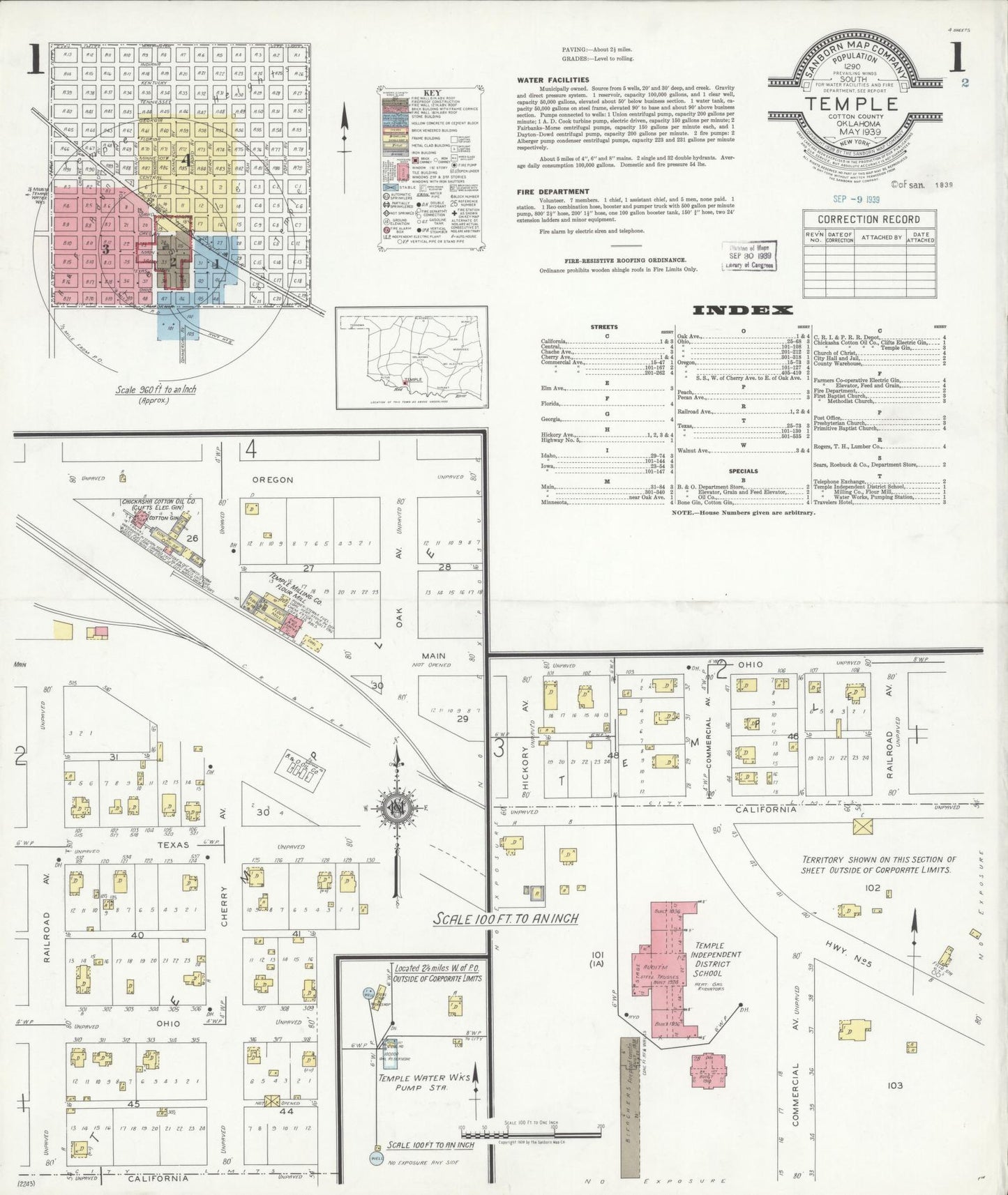 Sanborn Fire Insurance Map from Temple, Cotton County, Oklahoma (1939), Sheet #0001 - Historic Sanborn Fire Insurance Map Print, vintage old map wall art, antique decor, genealogy gift, Oklahoma Oklahoma map