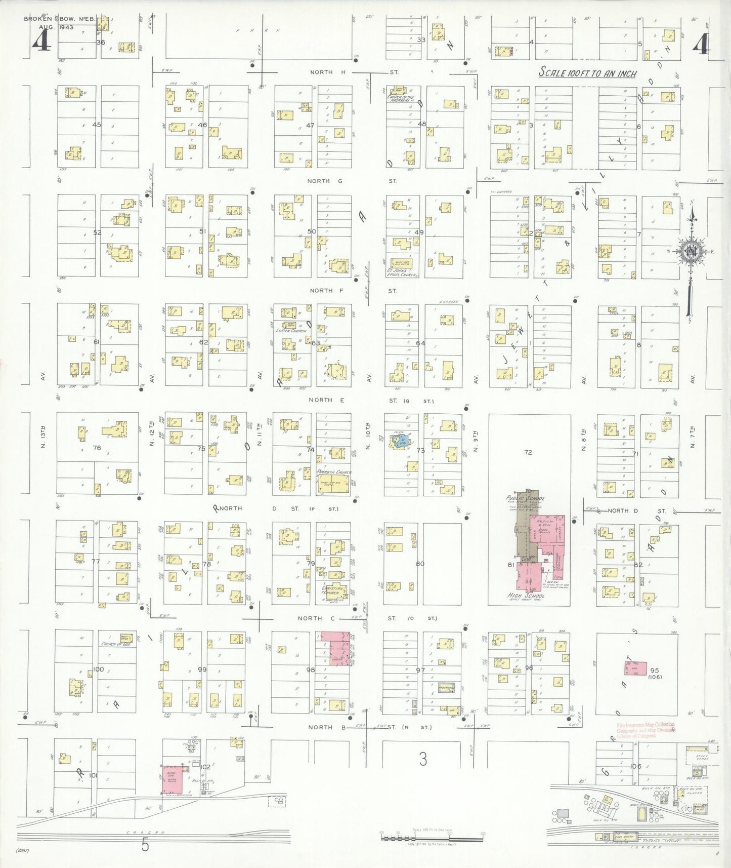 Sanborn Fire Insurance Map from Broken Bow, Custer County, Nebraska (1943), Sheet #0004 - Historic Sanborn Fire Insurance Map Print, vintage old map wall art, antique decor, genealogy gift, Nebraska Nebraska map