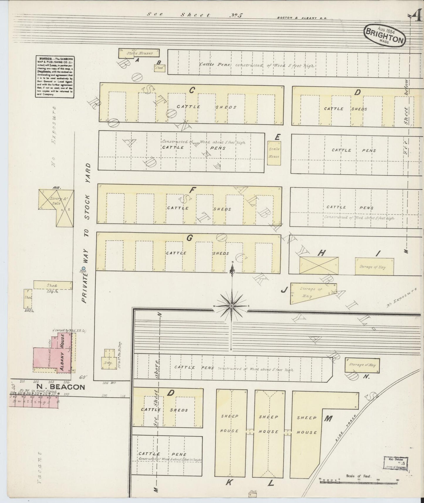 Sanborn Fire Insurance Map from Brighton, Suffolk County, Massachusetts (1884), Sheet #0004 - Historic Sanborn Fire Insurance Map Print, vintage old map wall art, antique decor, genealogy gift, Massachusetts Massachusetts map