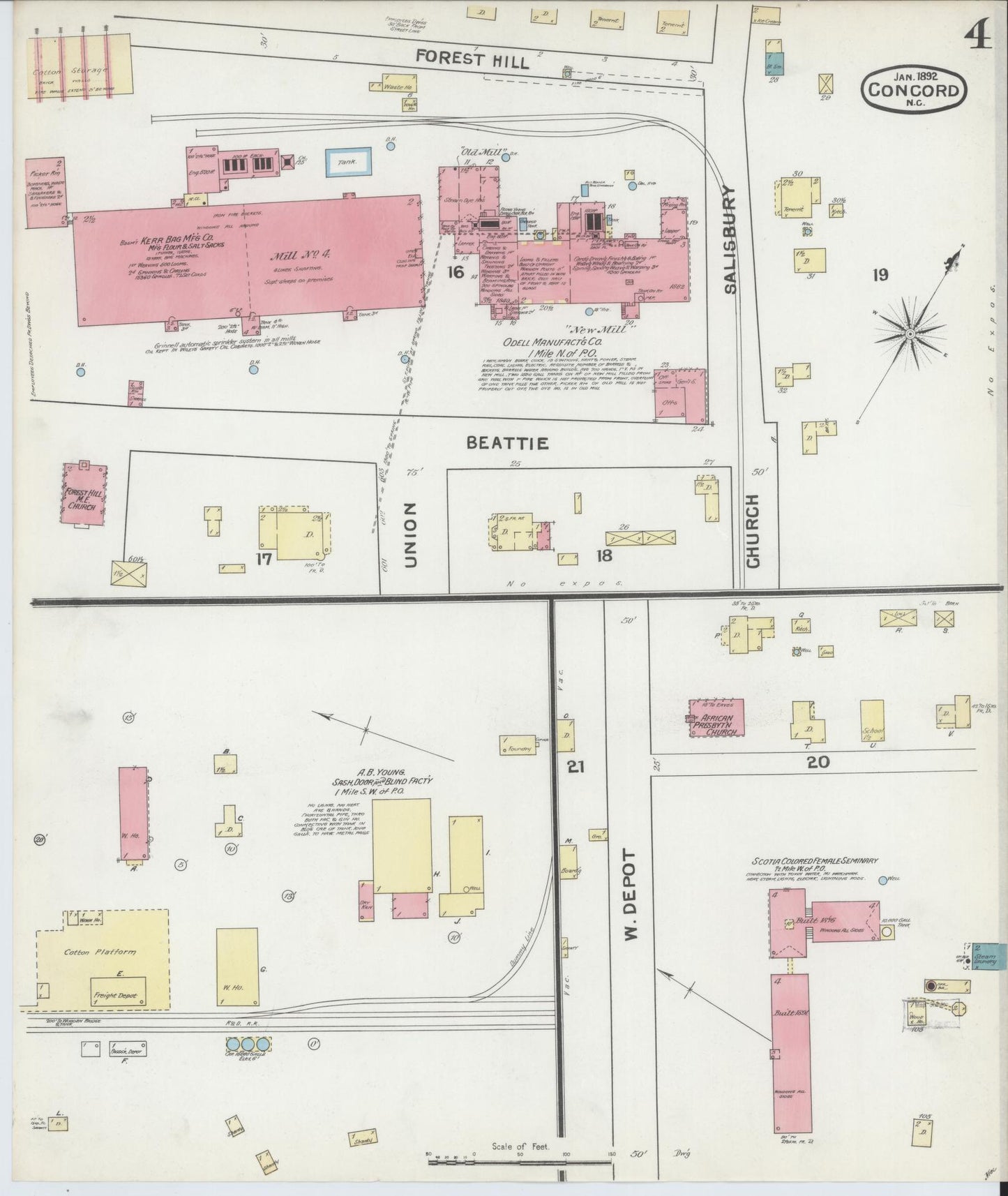 Sanborn Fire Insurance Map from Concord, Cabarrus County, North Carolina (1892), Sheet #0004 - Historic Sanborn Fire Insurance Map Print, vintage old map wall art, antique decor, genealogy gift, North Carolina North Carolina map