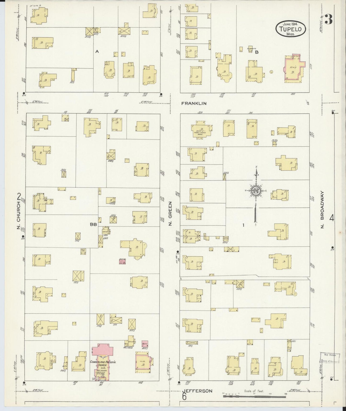 Sanborn Fire Insurance Map from Tupelo, Lee County, Mississippi (1914), Sheet #0003 - Historic Sanborn Fire Insurance Map Print, vintage old map wall art, antique decor, genealogy gift, Mississippi Mississippi map