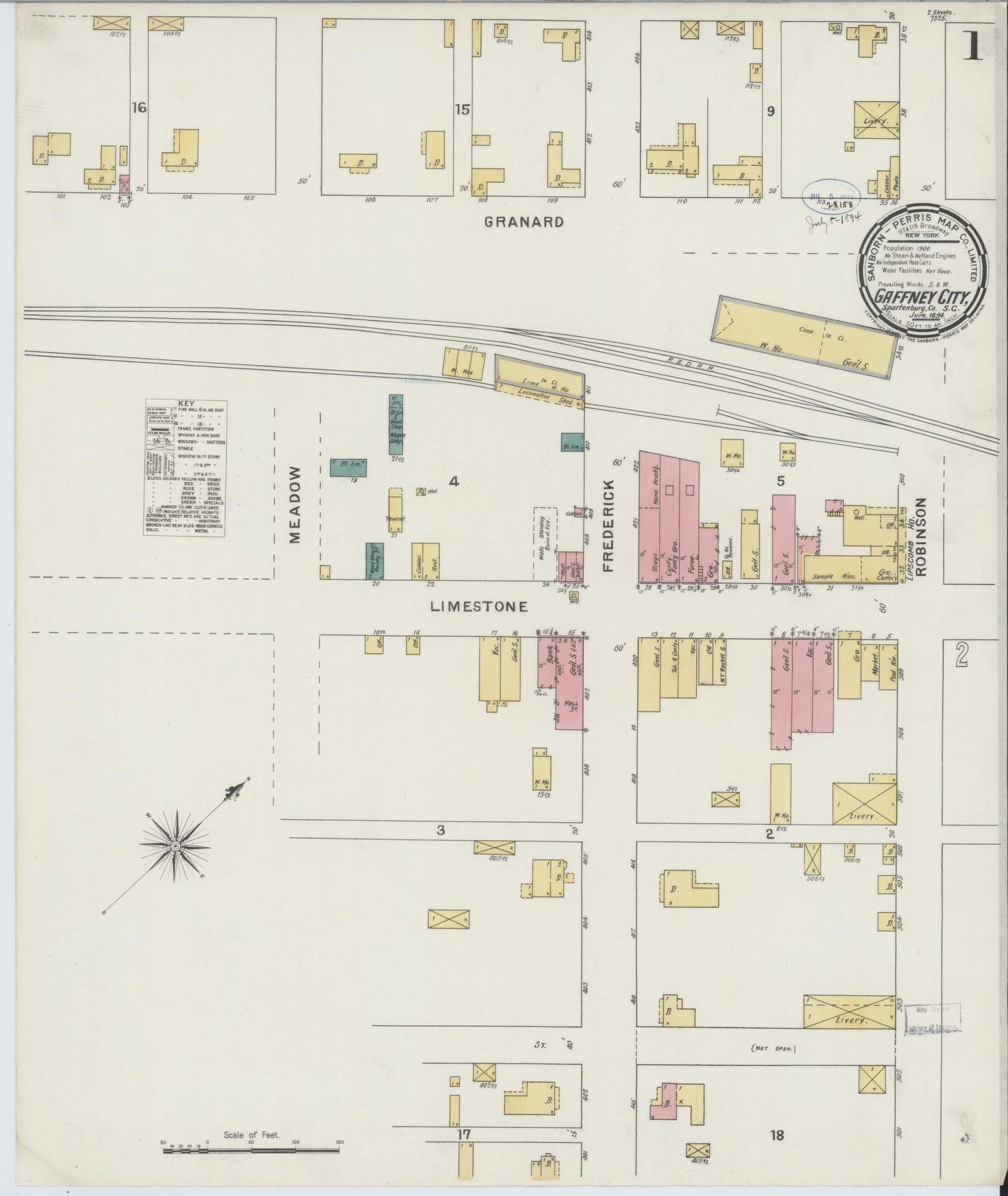 Sanborn Fire Insurance Map from Gaffney, Cherokee County, South Carolina (1894), Sheet #0001 - Historic Sanborn Fire Insurance Map Print, vintage old map wall art, antique decor, genealogy gift, South Carolina South Carolina map