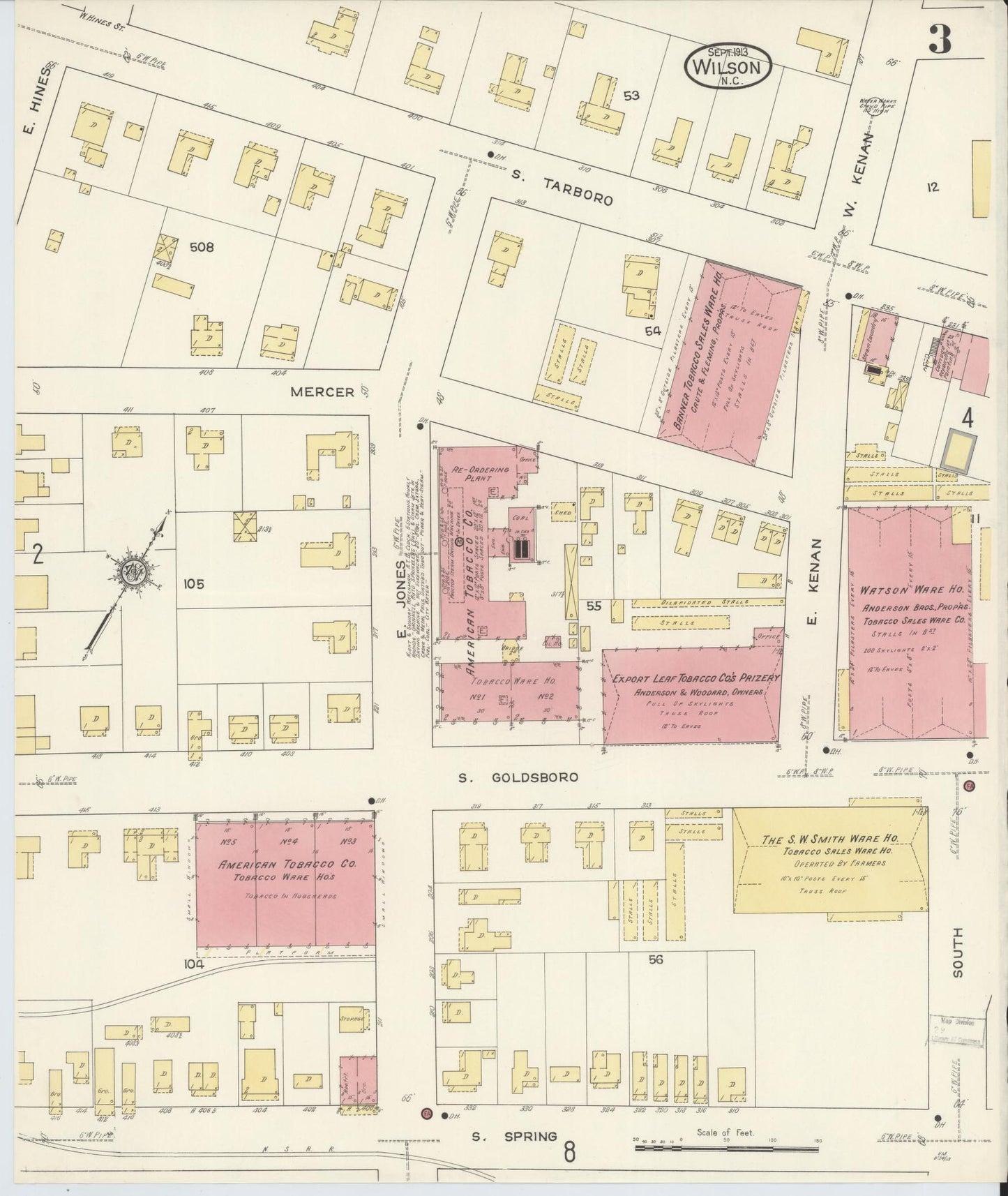 Sanborn Fire Insurance Map from Wilson, Wilson County, North Carolina (1913), Sheet #0003 - Historic Sanborn Fire Insurance Map Print, vintage old map wall art, antique decor, genealogy gift, North Carolina North Carolina map