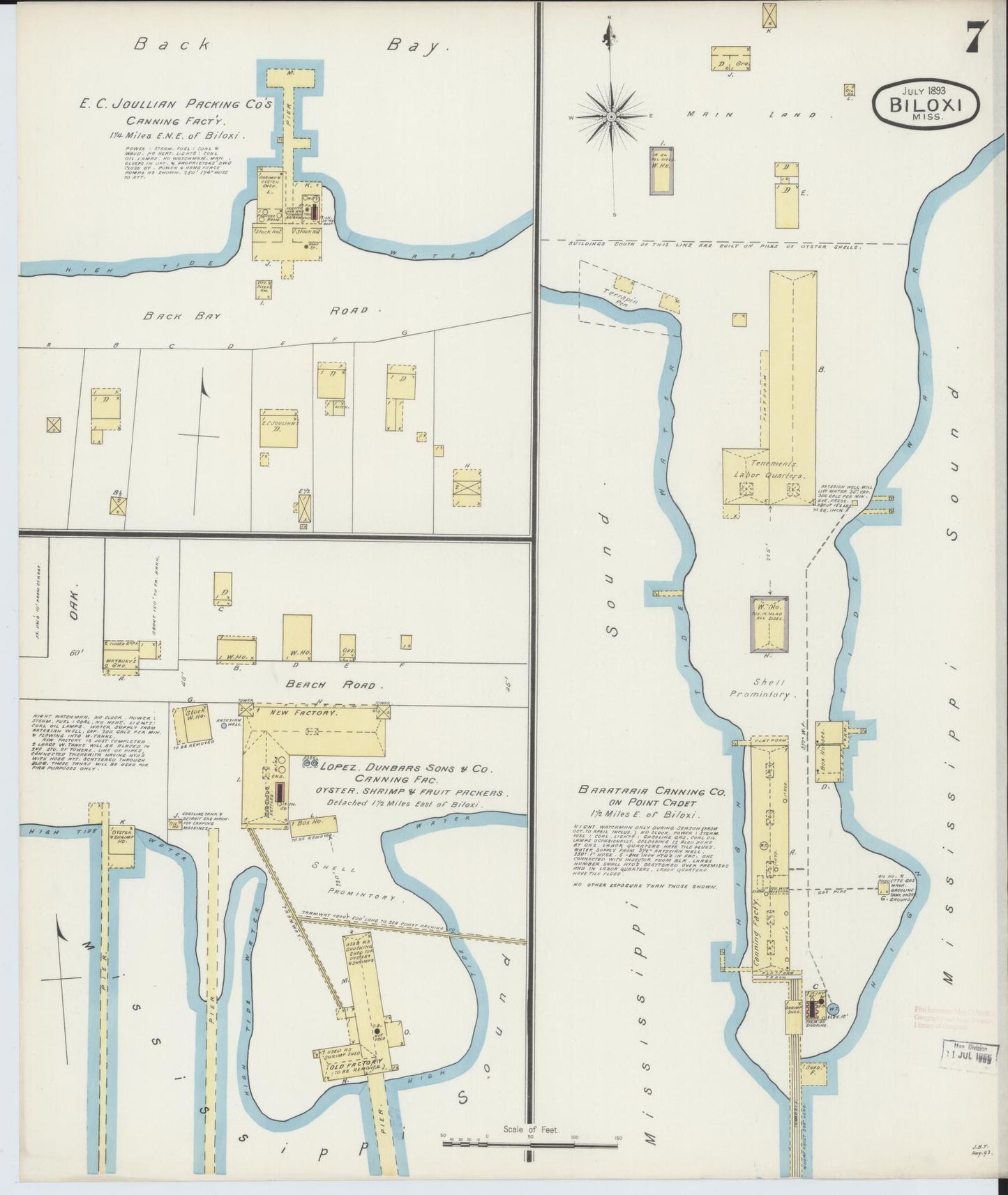 Sanborn Fire Insurance Map from Biloxi, Harrison County, Mississippi (1893), Sheet #0007 - Historic Sanborn Fire Insurance Map Print, vintage old map wall art, antique decor, genealogy gift, Mississippi Mississippi map