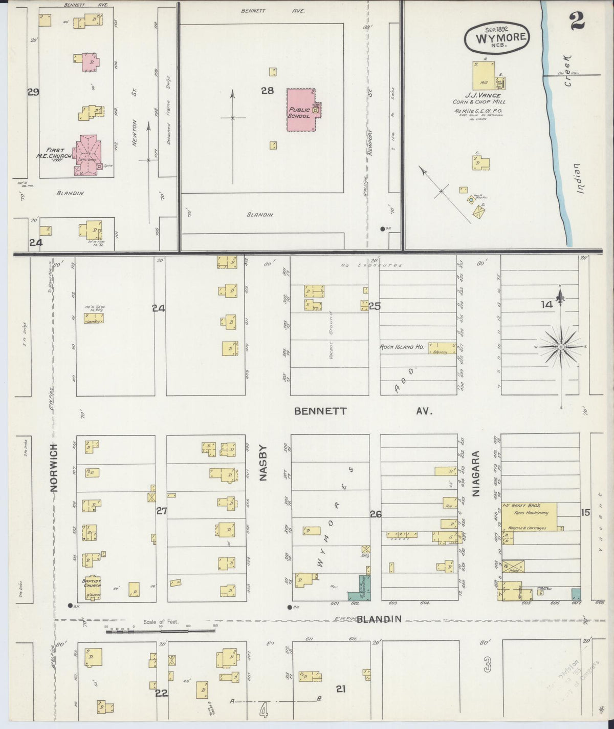 Sanborn Fire Insurance Map from Wymore, Gage County, Nebraska (1892), Sheet #0002 - Historic Sanborn Fire Insurance Map Print, vintage old map wall art, antique decor, genealogy gift, Nebraska Nebraska map