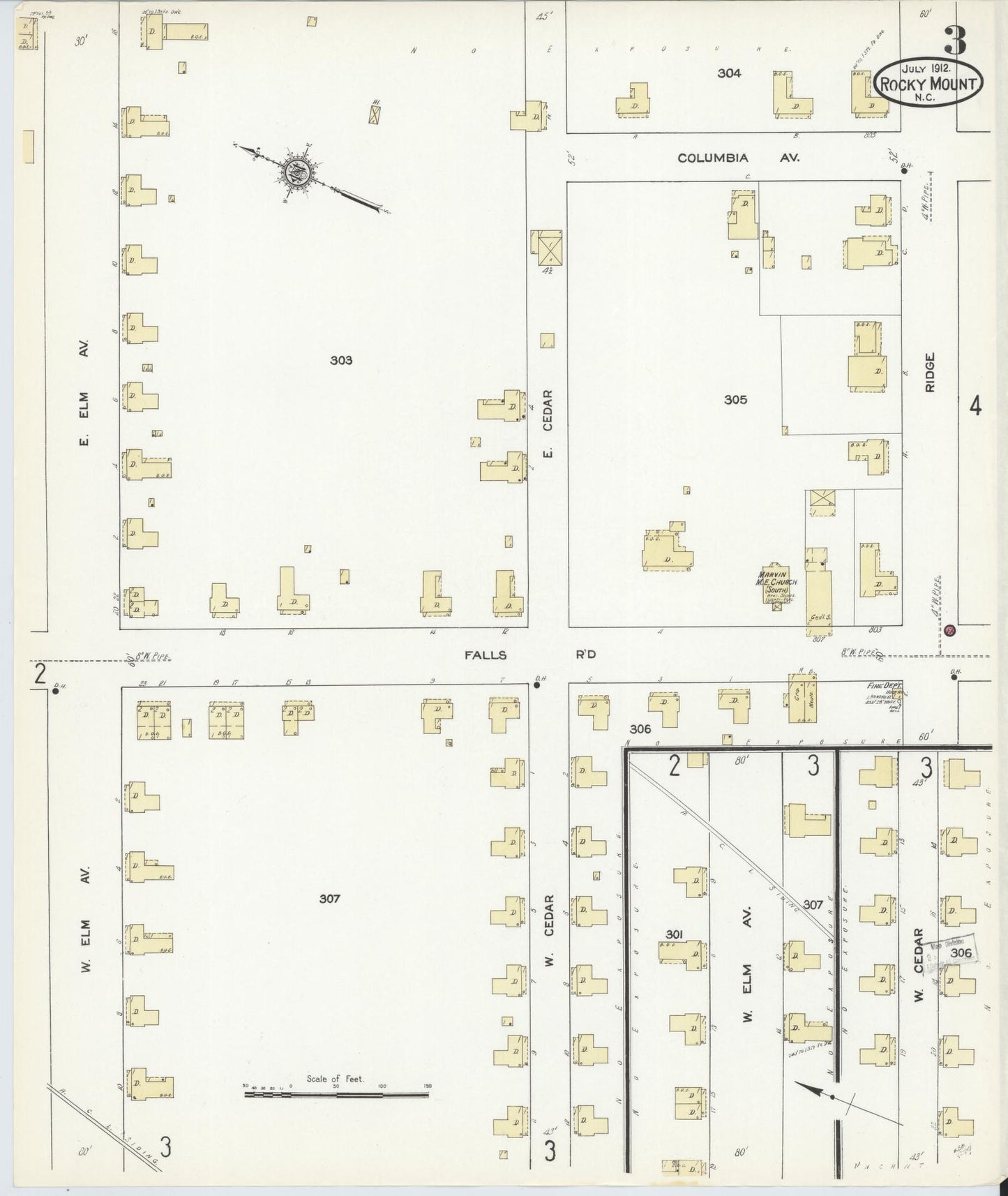 Sanborn Fire Insurance Map from Rocky Mount, Edgecombe And Nash Counties, North Carolina (1912), Sheet #0003 - Historic Sanborn Fire Insurance Map Print, vintage old map wall art, antique decor, genealogy gift, North Carolina North Carolina map