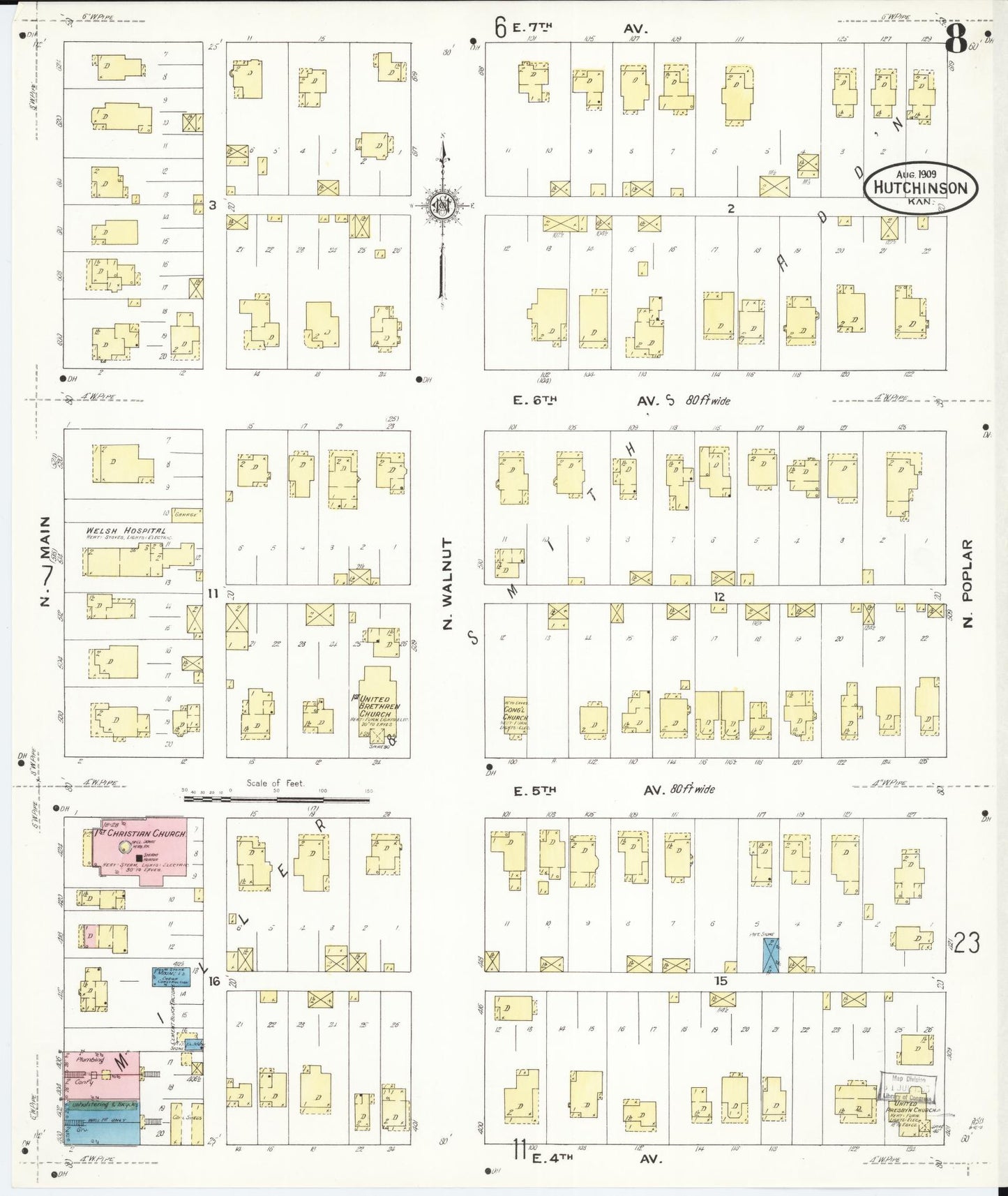 Sanborn Fire Insurance Map from Hutchinson, Reno County, Kansas (1909), Sheet #0008 - Historic Sanborn Fire Insurance Map Print, vintage old map wall art, antique decor, genealogy gift, Kansas Kansas map