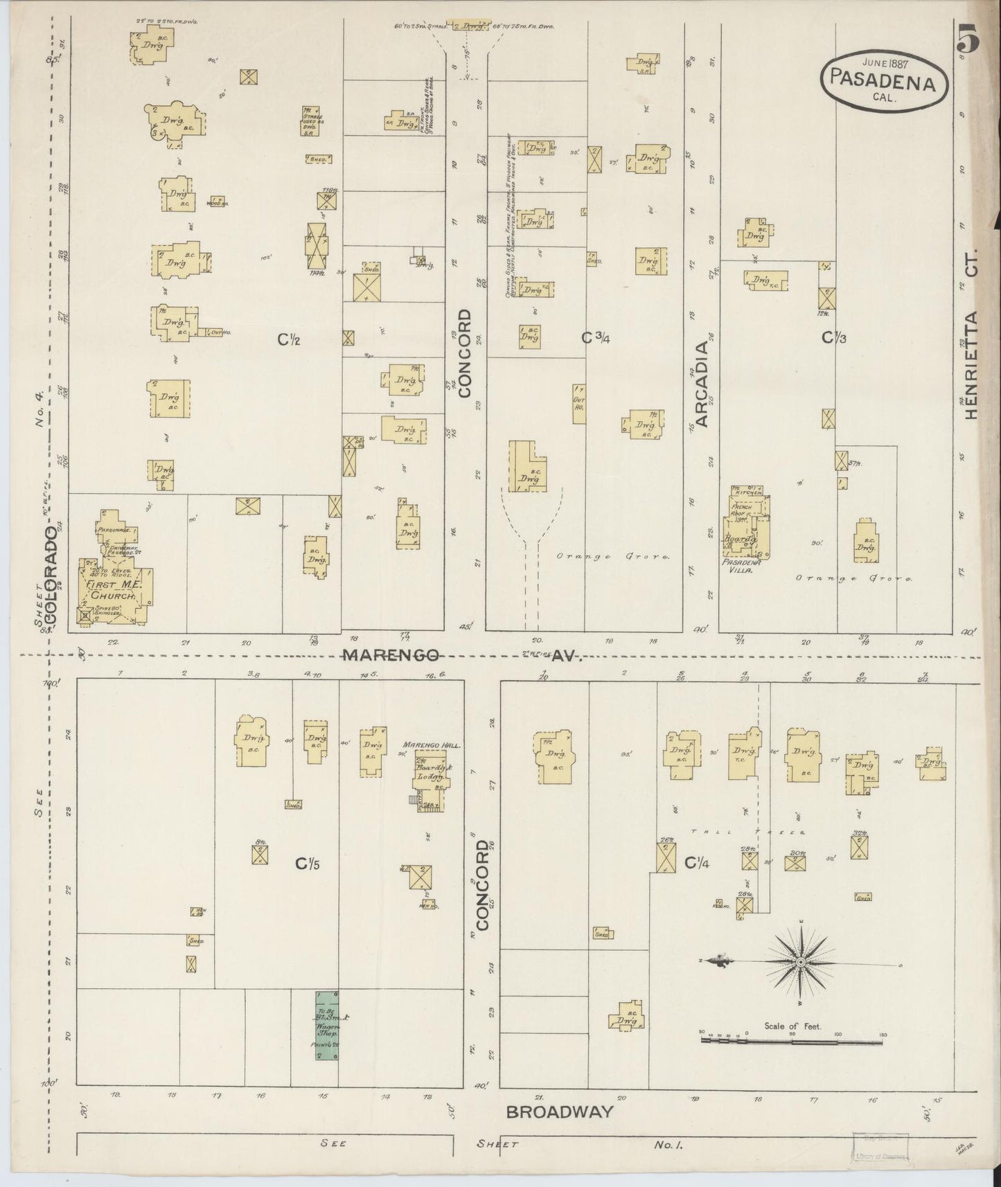 Sanborn Fire Insurance Map from Pasadena, Los Angeles County, California (1887), Sheet #0005 - Complete Map Set gallery image, historic Sanborn map, vintage wall art, California California