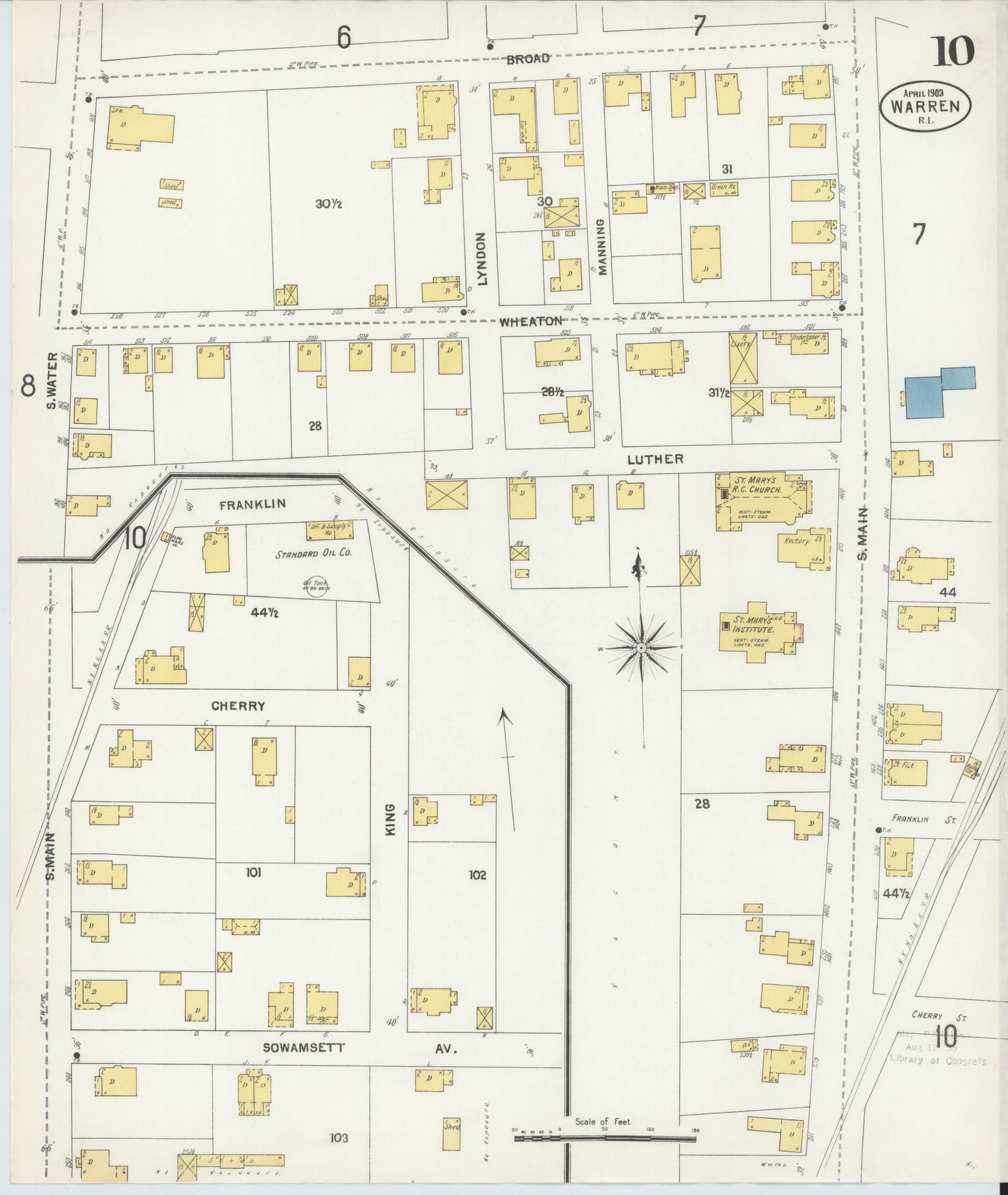 Sanborn Fire Insurance Map from Warren, Bristol County, Rhode Island (1903), Sheet #0010 - Historic Sanborn Fire Insurance Map Print, vintage old map wall art, antique decor, genealogy gift, Rhode Island Rhode Island map
