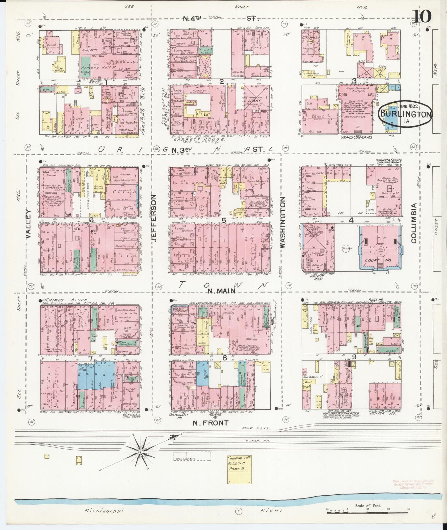Sanborn Fire Insurance Map from Burlington, Des Moines County, Iowa (1892), Sheet #0010 - Historic Sanborn Fire Insurance Map Print, vintage old map wall art