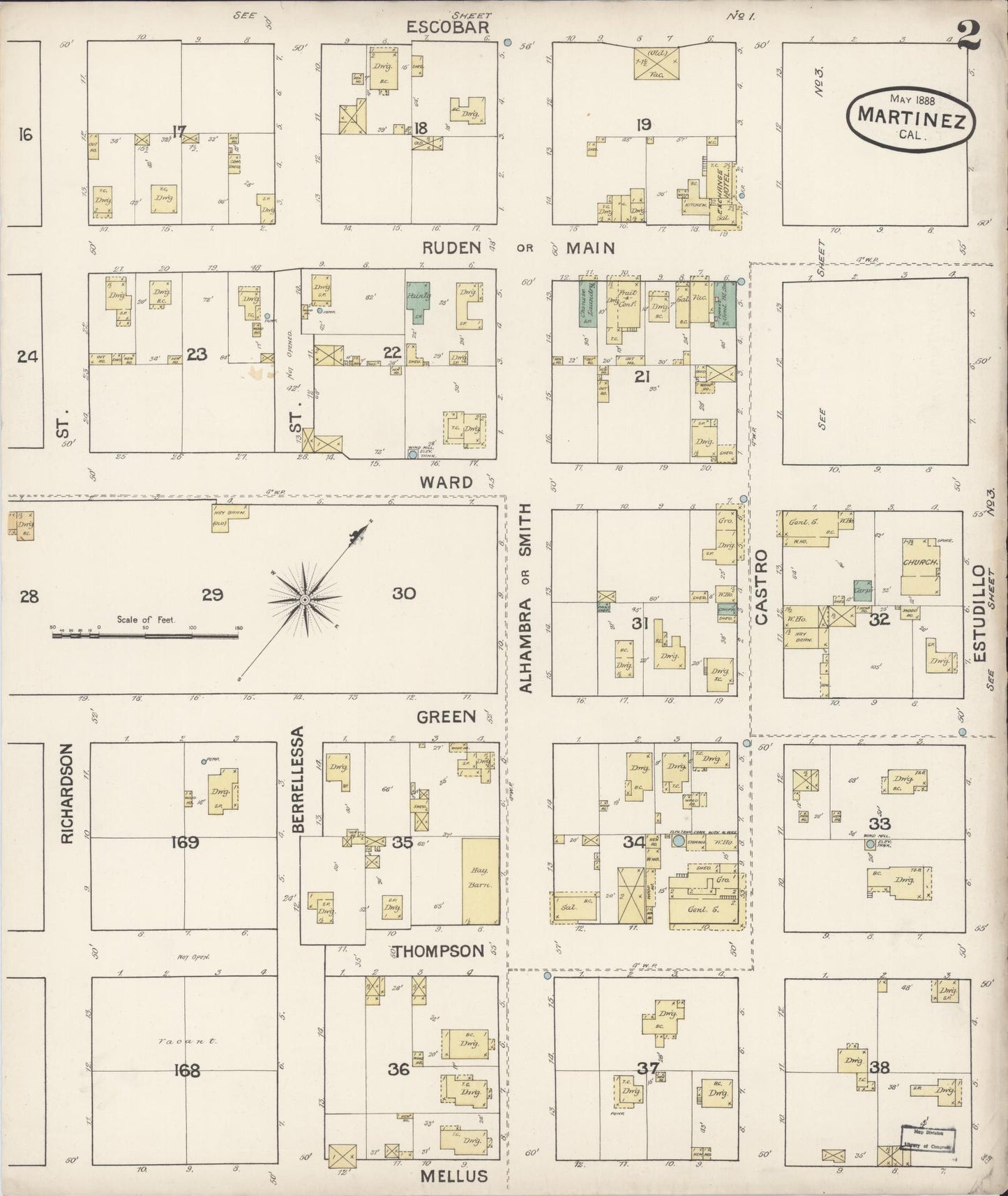 Sanborn Fire Insurance Map from Martinez, Contra Costa County, California (1888), Sheet #0002 - Historic Sanborn Fire Insurance Map Print, vintage old map wall art, antique decor, genealogy gift, California California map