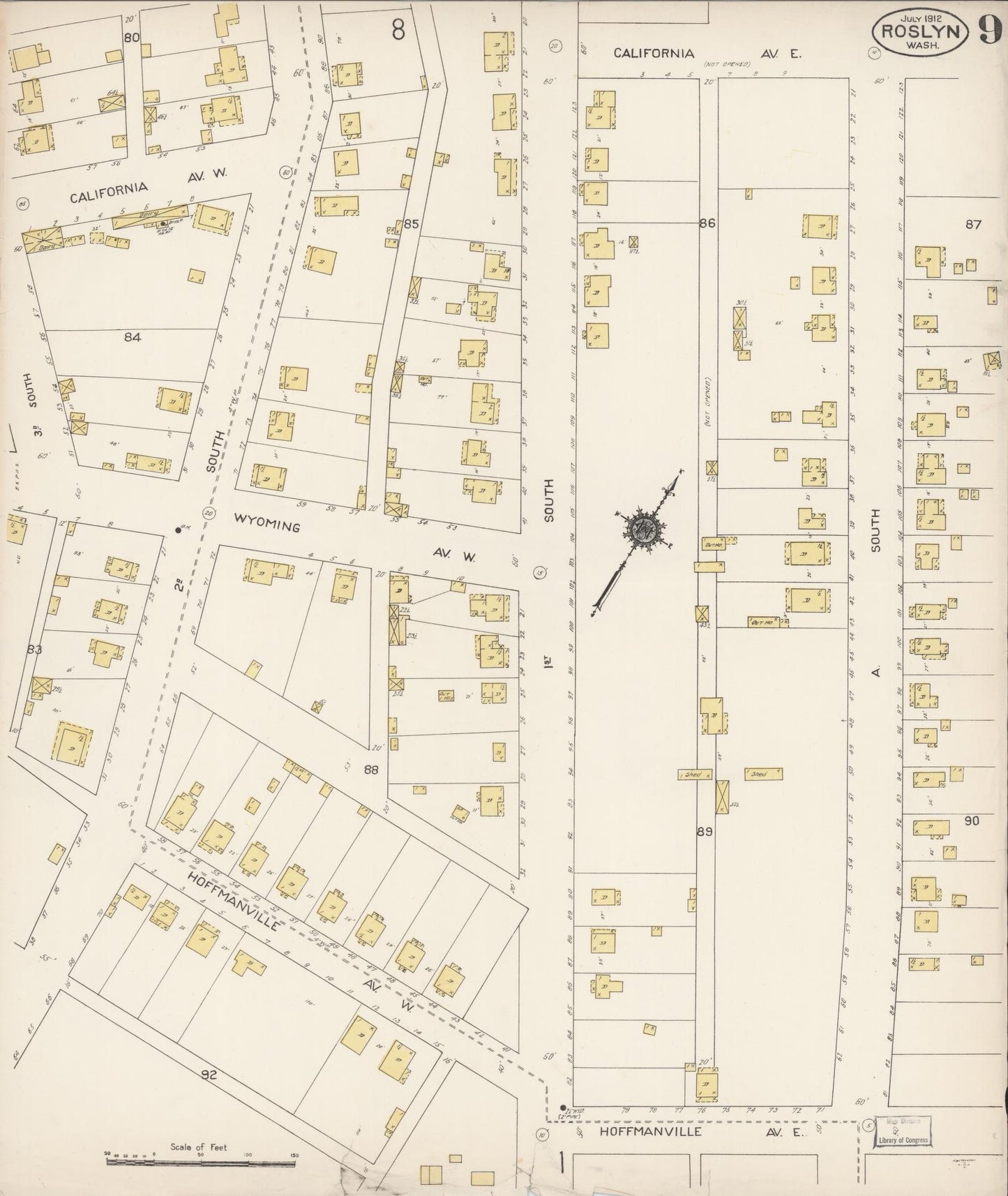 Sanborn Fire Insurance Map from Roslyn, Kittitas County, Washington (1912), Sheet #0009 - Complete Map Set gallery image, historic Sanborn map, vintage wall art, Washington Washington