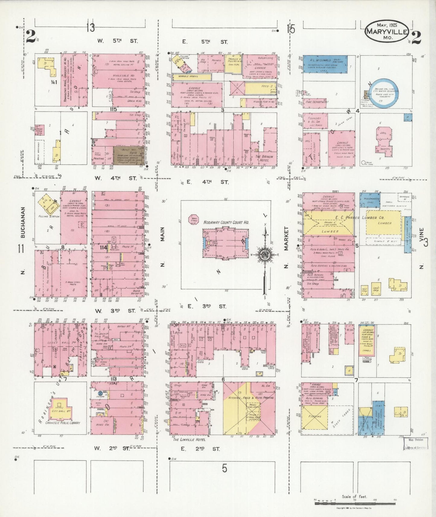 Sanborn Fire Insurance Map from Maryville, Nodaway County, Missouri (1925), Sheet #0002 - Historic Sanborn Fire Insurance Map Print, vintage old map wall art, antique decor, genealogy gift, Missouri Missouri map