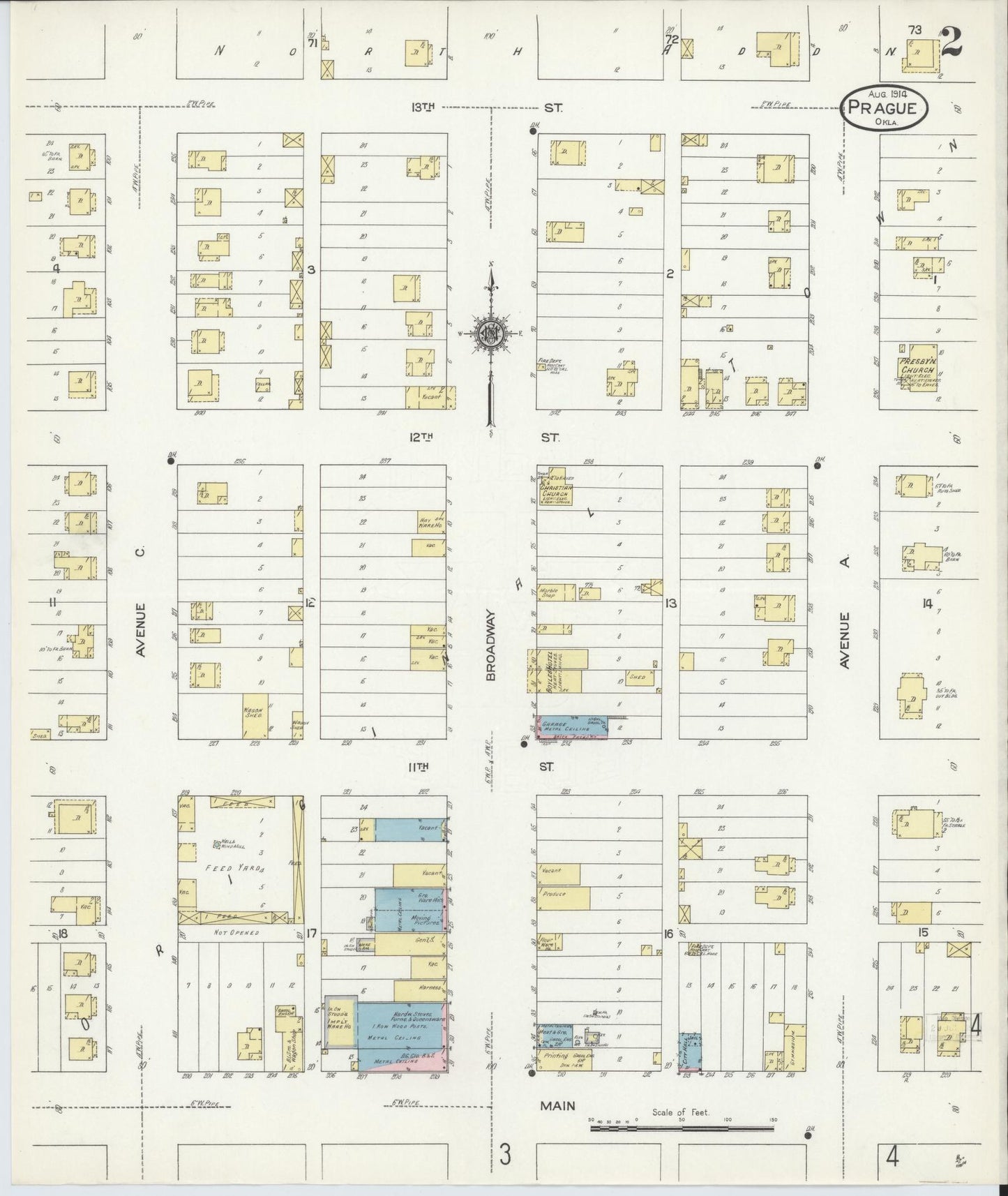 Sanborn Fire Insurance Map from Prague, Lincoln County, Oklahoma (1914), Sheet #0002 - Historic Sanborn Fire Insurance Map Print, vintage old map wall art, antique decor, genealogy gift, Oklahoma Oklahoma map