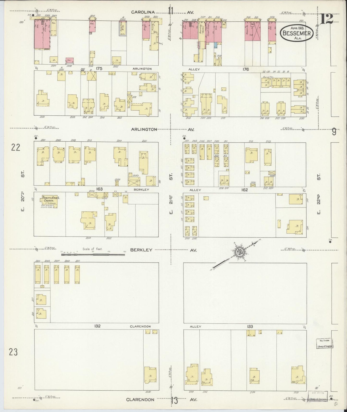 Sanborn Fire Insurance Map from Bessemer, Jefferson County, Alabama (1913), Sheet #0012 - Historic Sanborn Fire Insurance Map Print, vintage old map wall art, antique decor, genealogy gift, Alabama Alabama map