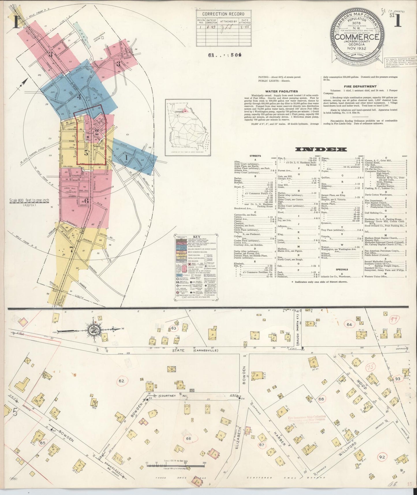 Sanborn Fire Insurance Map from Commerce, Jackson County, Georgia (1943), Sheet #0001 - Historic Sanborn Fire Insurance Map Print, vintage old map wall art, antique decor, genealogy gift, Georgia Georgia map