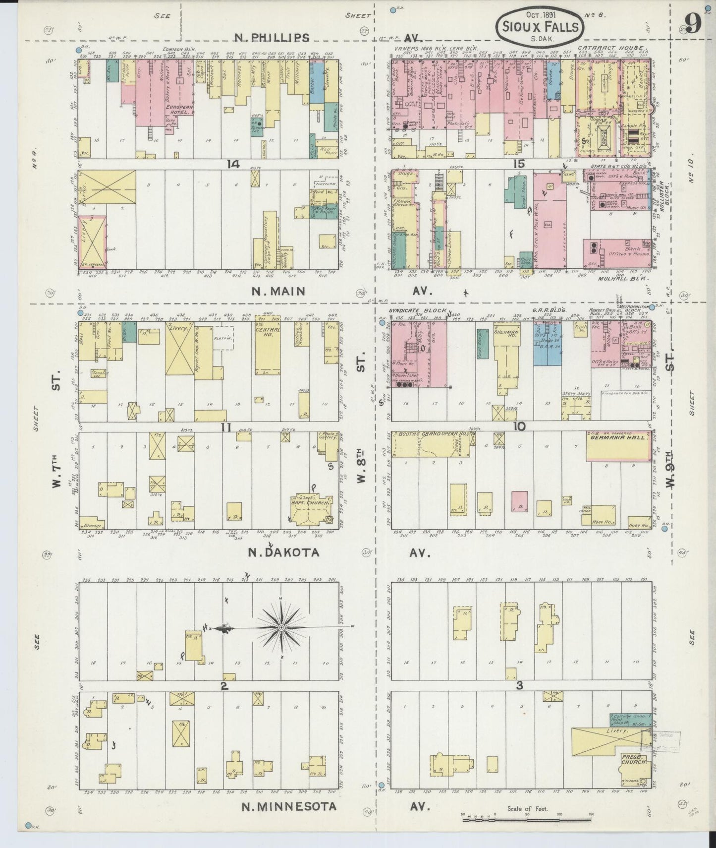 Sanborn Fire Insurance Map from Sioux Falls, Minnehaha County, South Dakota (1891), Sheet #0009 - Historic Sanborn Fire Insurance Map Print, vintage old map wall art, antique decor, genealogy gift, South Dakota South Dakota map