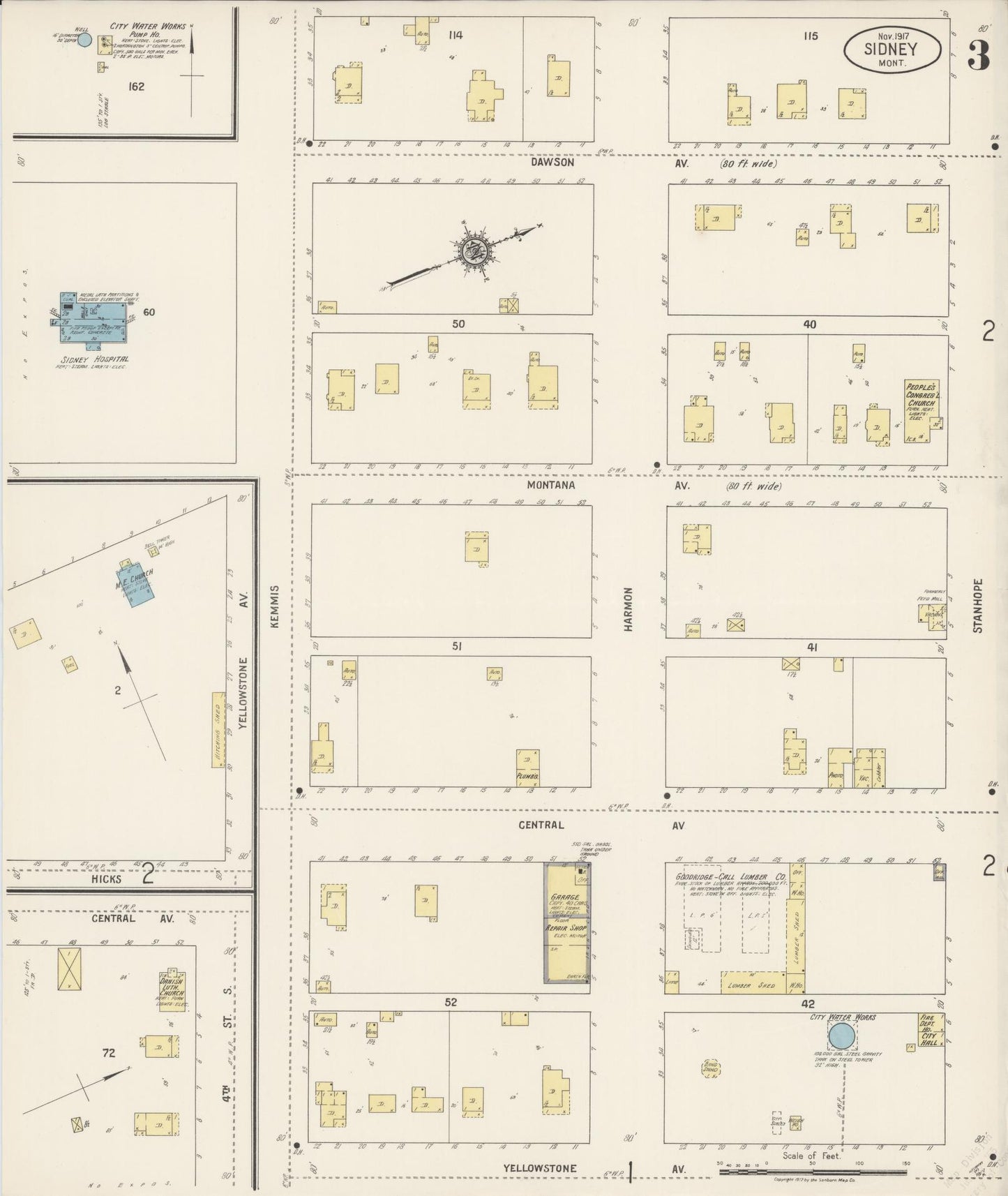 Sanborn Fire Insurance Map from Sidney, Richland County, Montana (1917), Sheet #0003 - Historic Sanborn Fire Insurance Map Print, vintage old map wall art, antique decor, genealogy gift, Montana Montana map