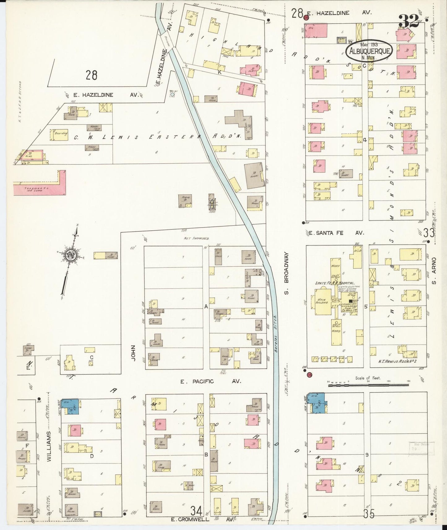 Sanborn Fire Insurance Map from Albuquerque, Bernalillo County, New Mexico (1913), Sheet #0032 - Historic Sanborn Fire Insurance Map Print, vintage old map wall art, antique decor, genealogy gift, New Mexico New Mexico map