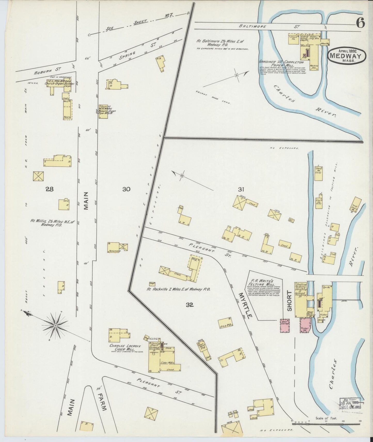 Sanborn Fire Insurance Map from Medway, Norfolk County, Massachusetts (1892), Sheet #0006 - Historic Sanborn Fire Insurance Map Print, vintage old map wall art, antique decor, genealogy gift, Massachusetts Massachusetts map