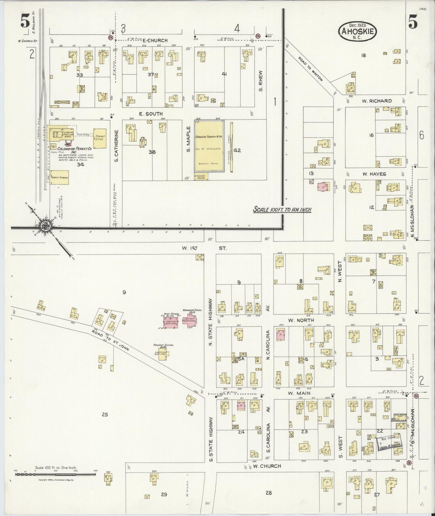 Sanborn Fire Insurance Map from Ahoskie, Hertford County, North Carolina (1923), Sheet #0005 - Historic Sanborn Fire Insurance Map Print, vintage old map wall art, antique decor, genealogy gift, North Carolina North Carolina map