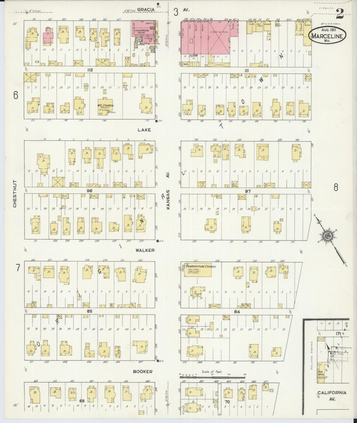Sanborn Fire Insurance Map from Marceline, Linn County, Missouri (1911), Sheet #0002 - Historic Sanborn Fire Insurance Map Print, vintage old map wall art, antique decor, genealogy gift, Missouri Missouri map