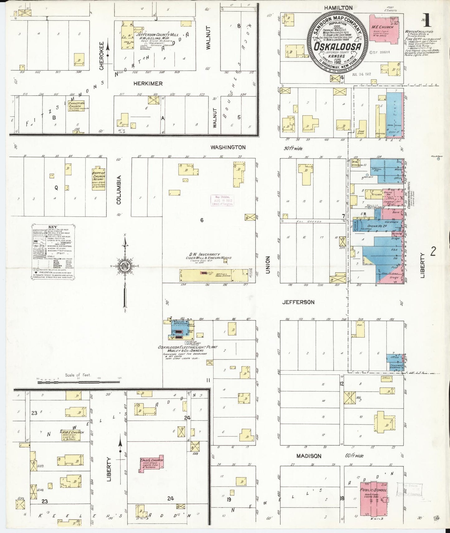 Sanborn Fire Insurance Map from Oskaloosa, Jefferson County, Kansas (1912), Sheet #0001 - Historic Sanborn Fire Insurance Map Print, vintage old map wall art, antique decor, genealogy gift, Kansas Kansas map