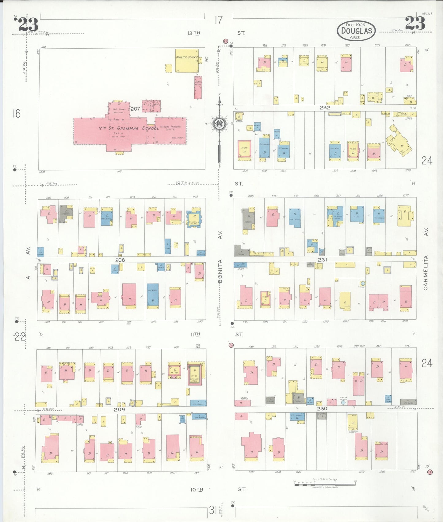 Sanborn Fire Insurance Map from Douglas, Cochise County, Arizona (1929), Sheet #0023 - Historic Sanborn Fire Insurance Map Print, vintage old map wall art, antique decor, genealogy gift, Arizona Arizona map