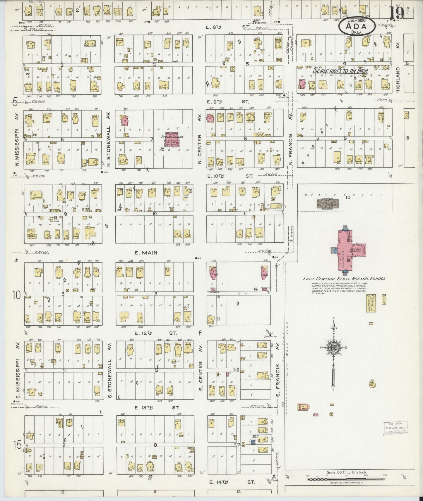 Sanborn Fire Insurance Map from Ada, Pontotoc County, Oklahoma (1920), Sheet #0019 - Historic Sanborn Fire Insurance Map Print, vintage old map wall art, antique decor, genealogy gift, Oklahoma Oklahoma map