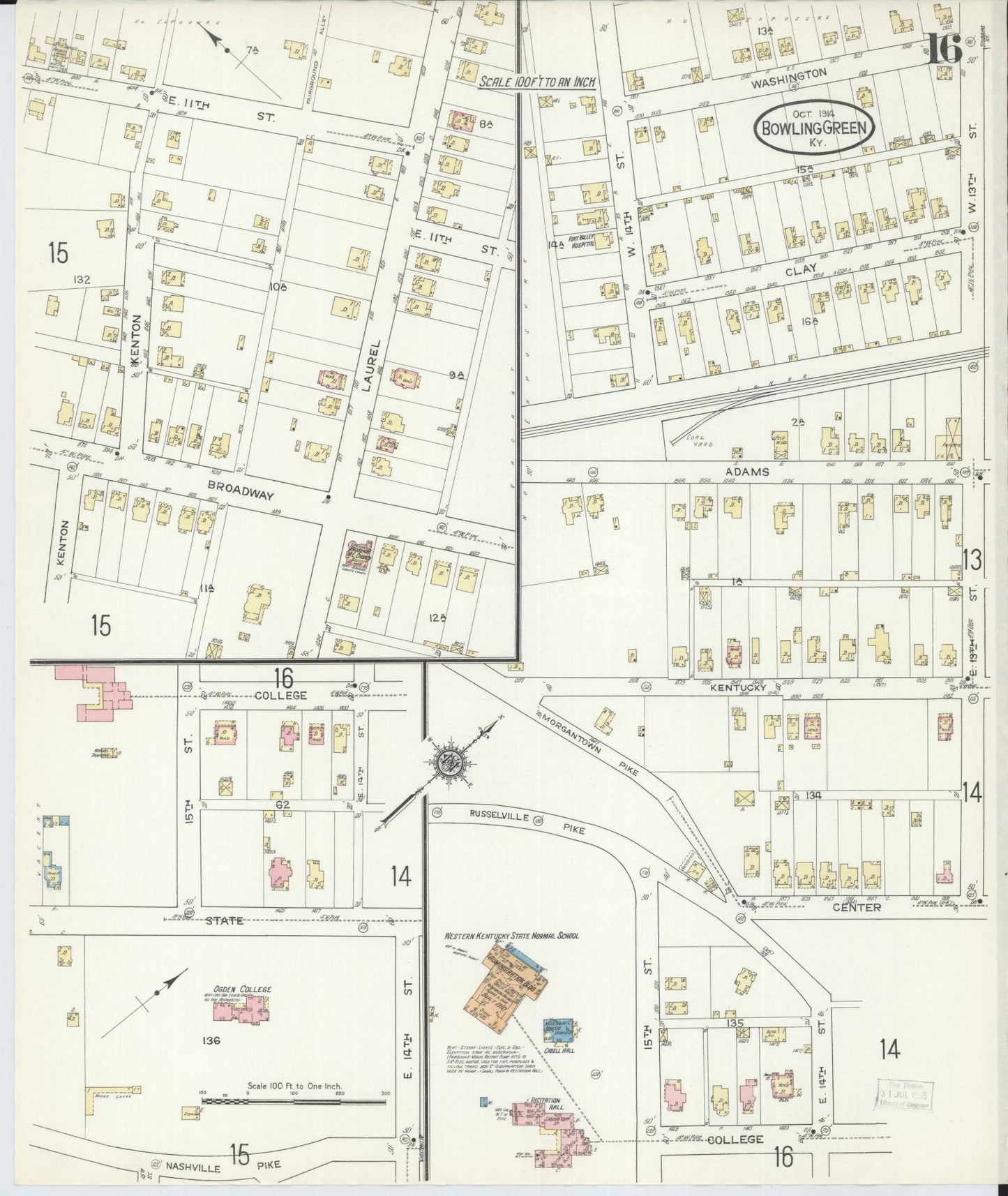Sanborn Fire Insurance Map from Bowling Green, Warren County, Kentucky (1914), Sheet #0016 - Historic Sanborn Fire Insurance Map Print, vintage old map wall art, antique decor, genealogy gift, Kentucky Kentucky map