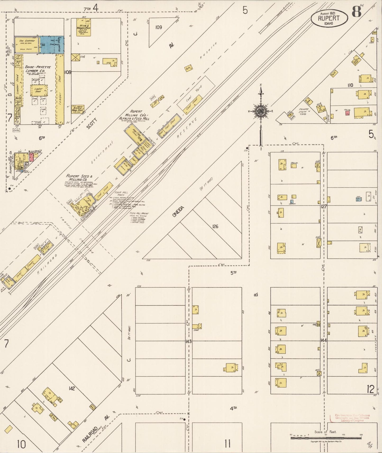 Sanborn Fire Insurance Map from Rupert, Minidoka County, Idaho (1921), Sheet #0008 - Historic Sanborn Fire Insurance Map Print, vintage old map wall art, antique decor, genealogy gift, Idaho Idaho map