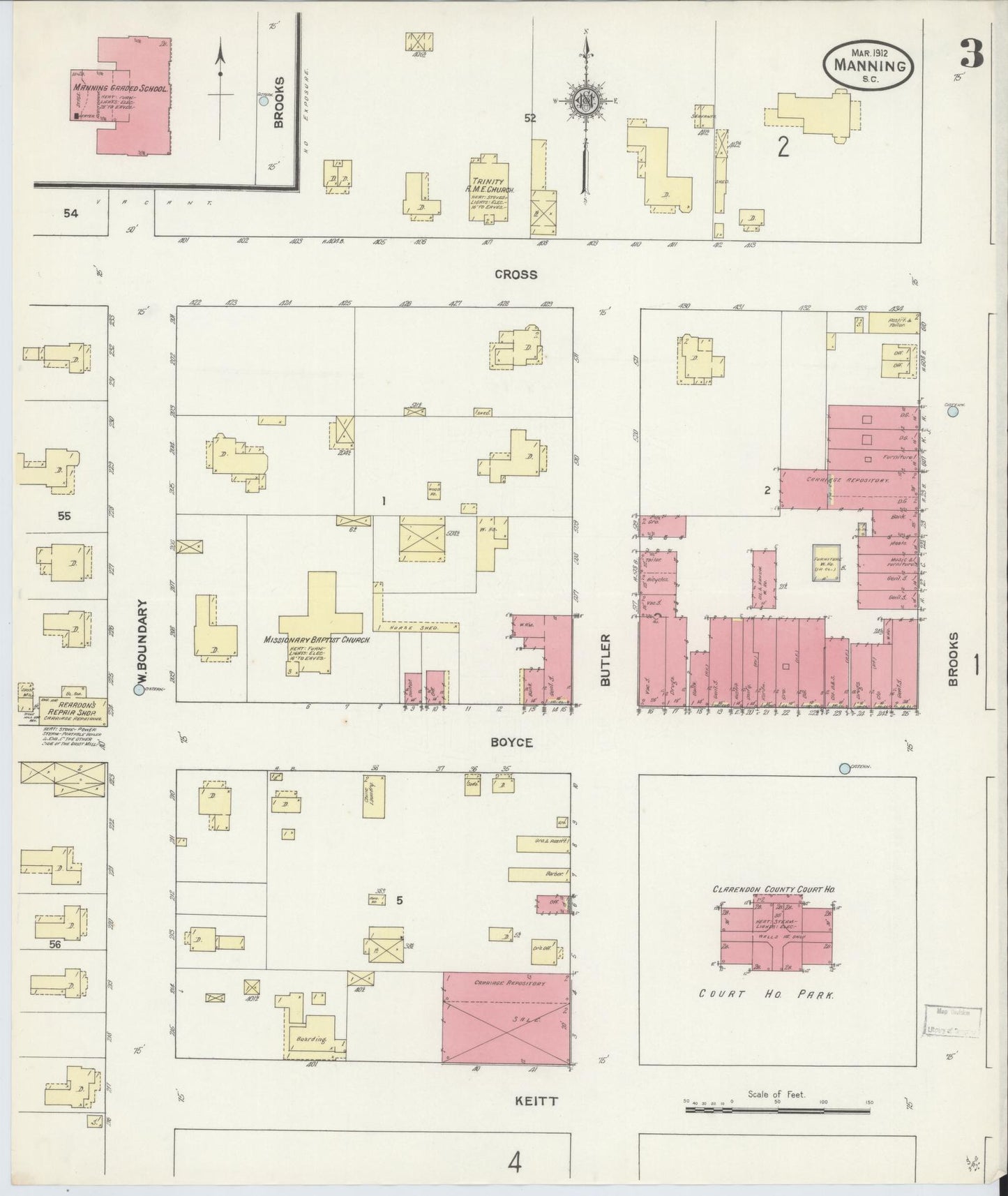 Sanborn Fire Insurance Map from Manning, Clarendon County, South Carolina (1912), Sheet #0003 - Historic Sanborn Fire Insurance Map Print, vintage old map wall art, antique decor, genealogy gift, South Carolina South Carolina map