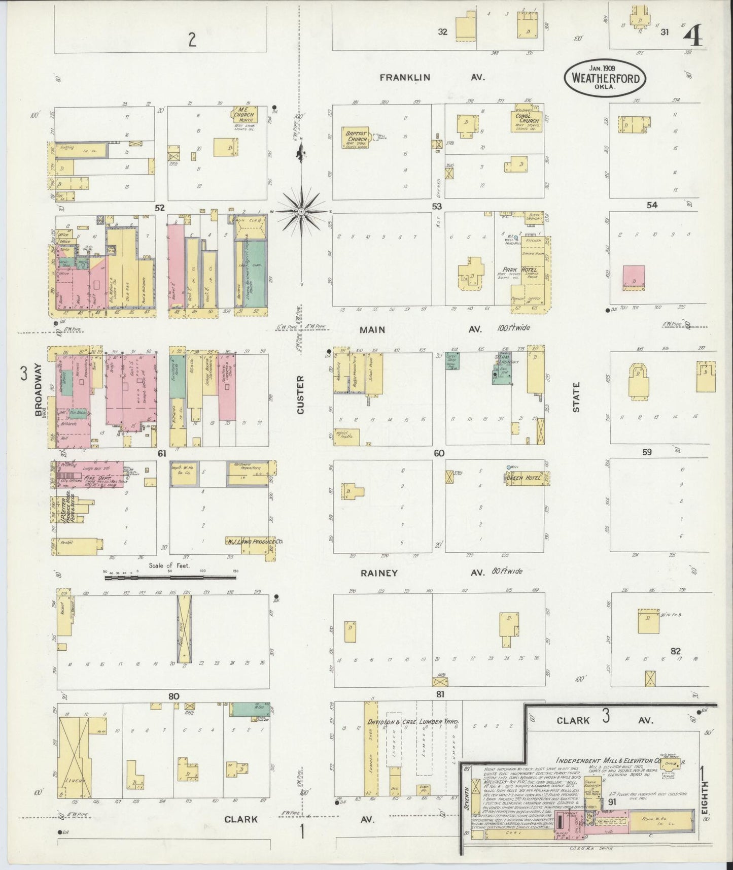 Sanborn Fire Insurance Map from Weatherford, Custer County, Oklahoma (1909), Sheet #0004 - Complete Map Set gallery image, historic Sanborn map, vintage wall art, Oklahoma Oklahoma