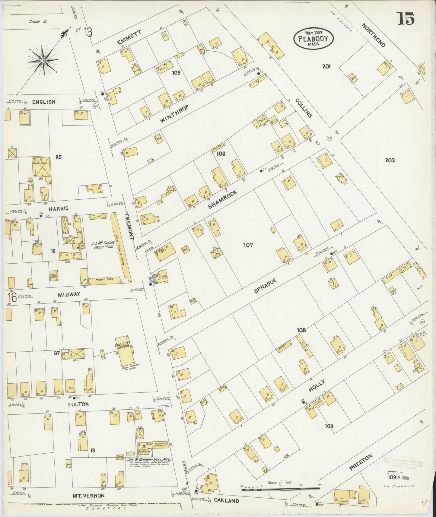 Sanborn Fire Insurance Map from Peabody, Essex County, Massachusetts (1907), Sheet #0015 - Historic Sanborn Fire Insurance Map Print, vintage old map wall art, antique decor, genealogy gift, Massachusetts Massachusetts map