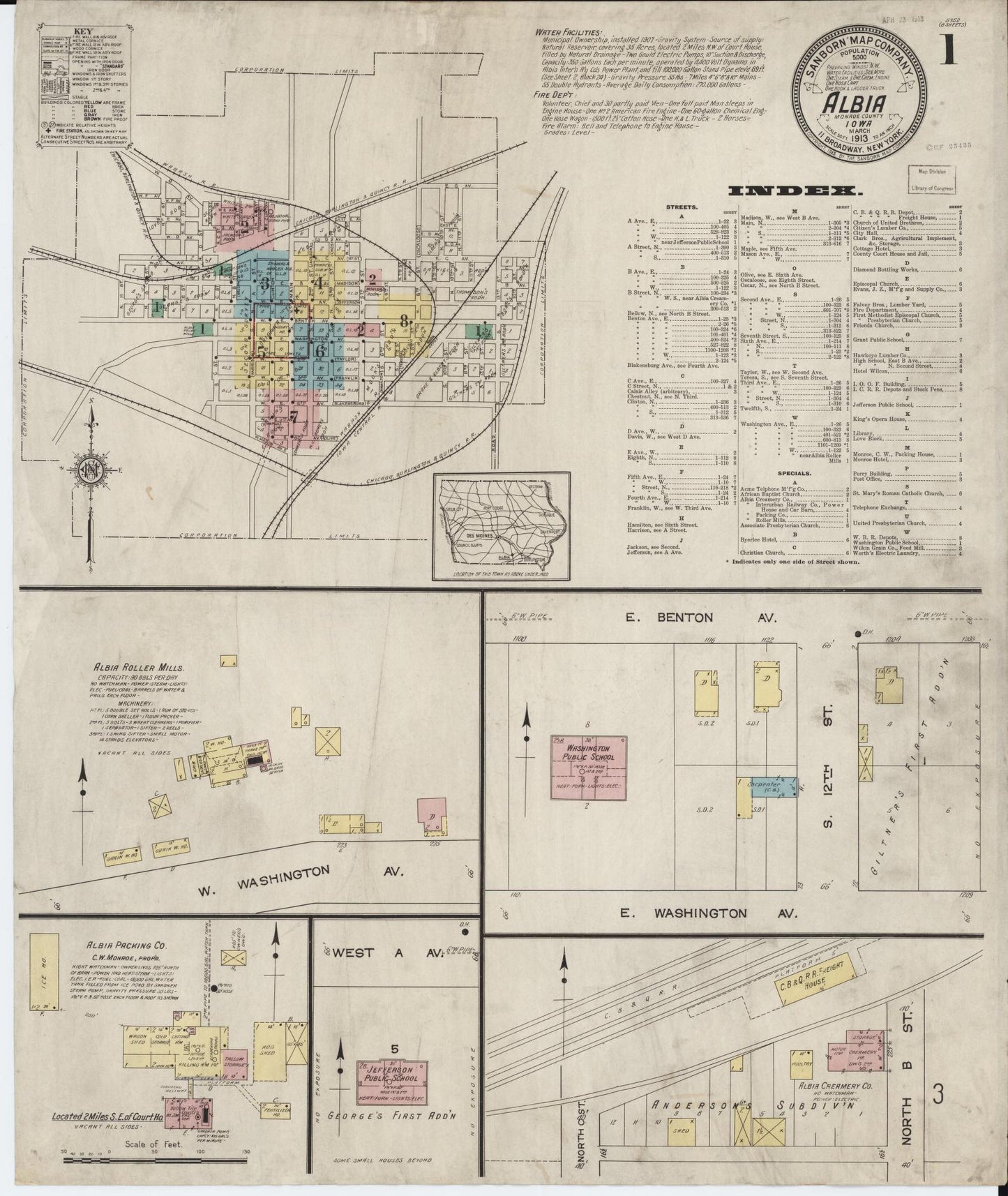 Sanborn Fire Insurance Map from Albia, Monroe County, Iowa (1913), Sheet #0001 - Historic Sanborn Fire Insurance Map Print, vintage old map wall art