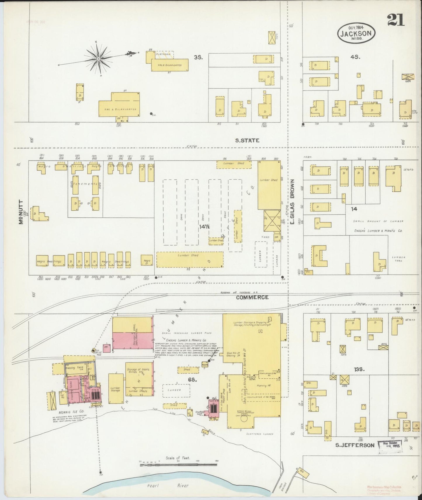 Sanborn Fire Insurance Map from Jackson, Hinds County, Mississippi (1904), Sheet #0021 - Historic Sanborn Fire Insurance Map Print, vintage old map wall art, antique decor, genealogy gift, Mississippi Mississippi map